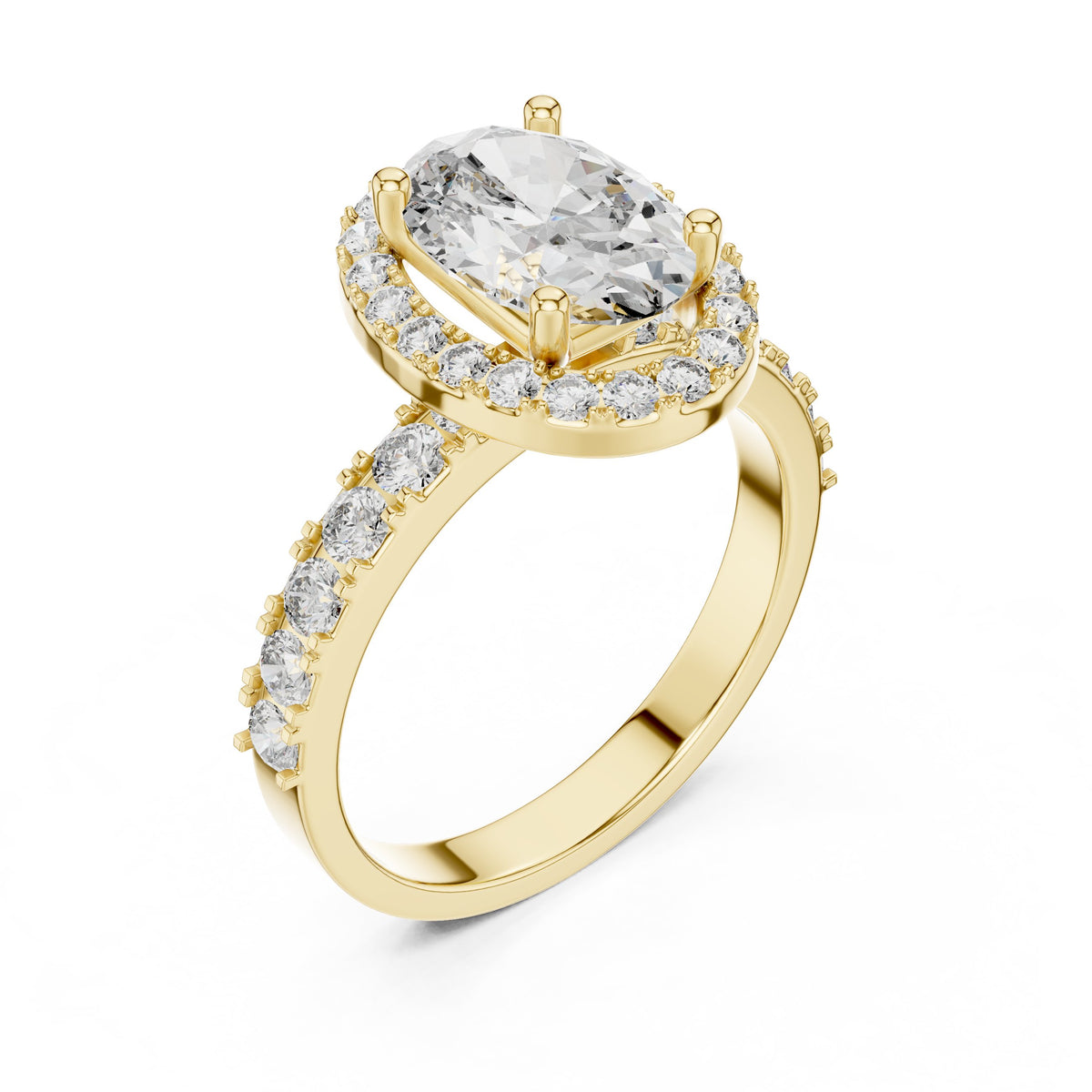 Oval Diamond Halo Engagement Ring with Double Row Pavé Band