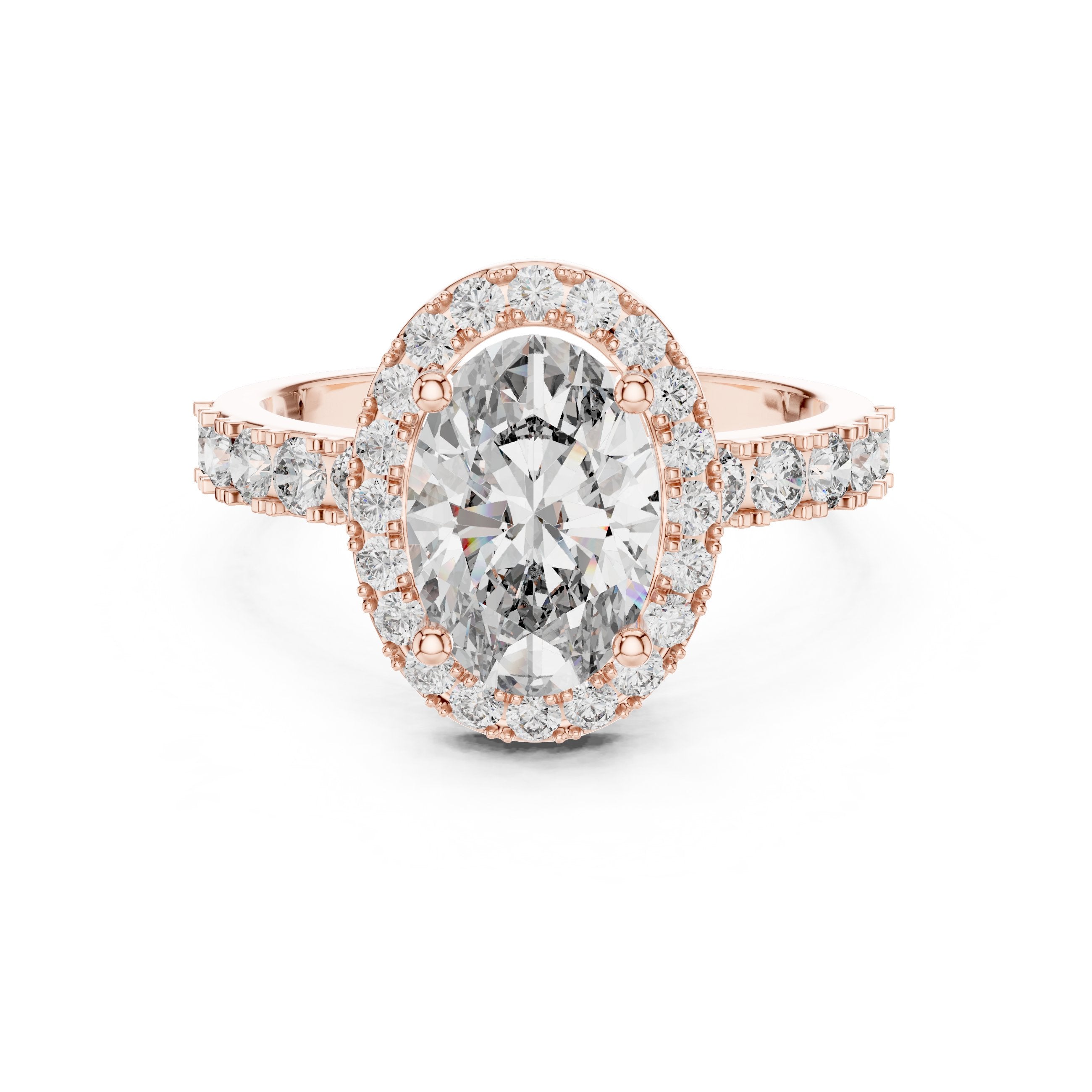 Oval Diamond Halo Engagement Ring with Double Row Pavé Band in Rose Gold - VYKA Diamonds