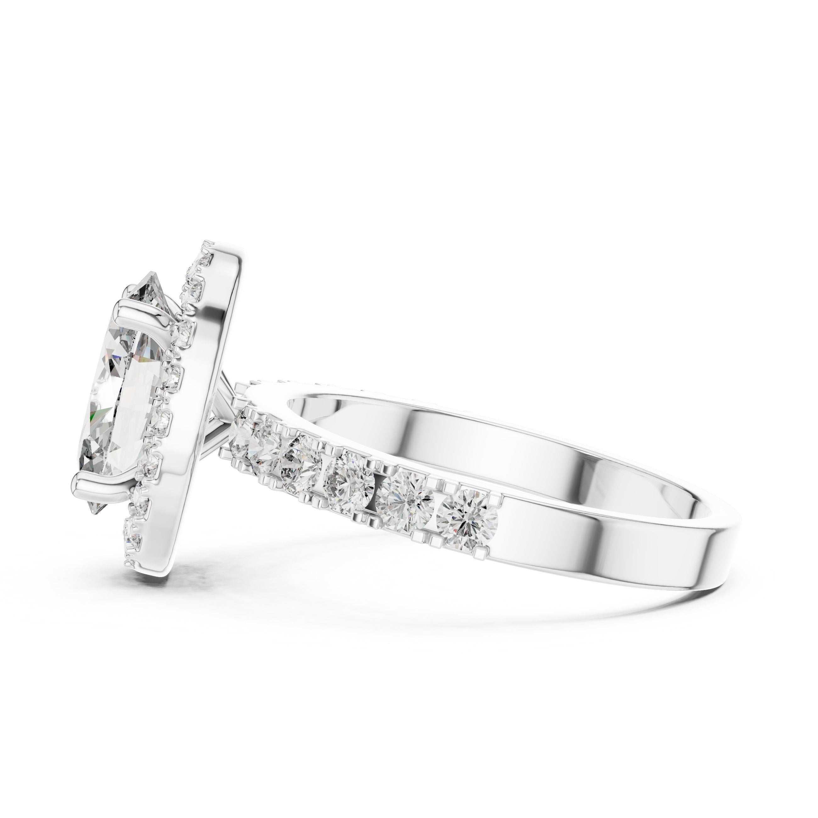 Oval Diamond Halo Engagement Ring with Double Row Pavé Band in White Gold - VYKA Diamonds