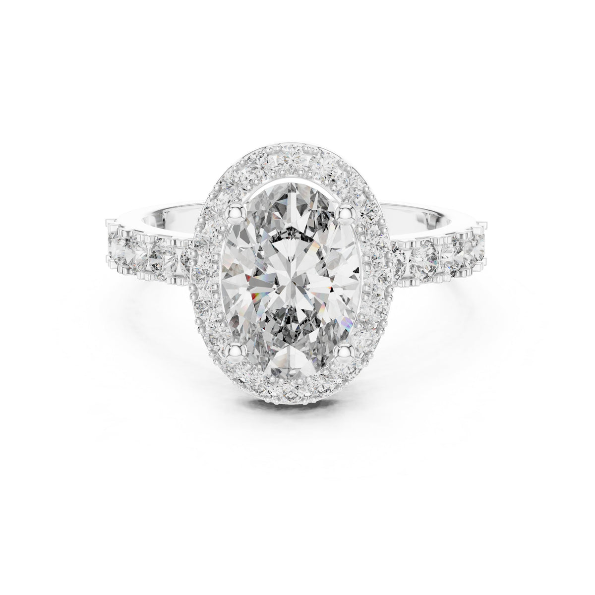 Oval Diamond Halo Engagement Ring with Double Row Pavé Band