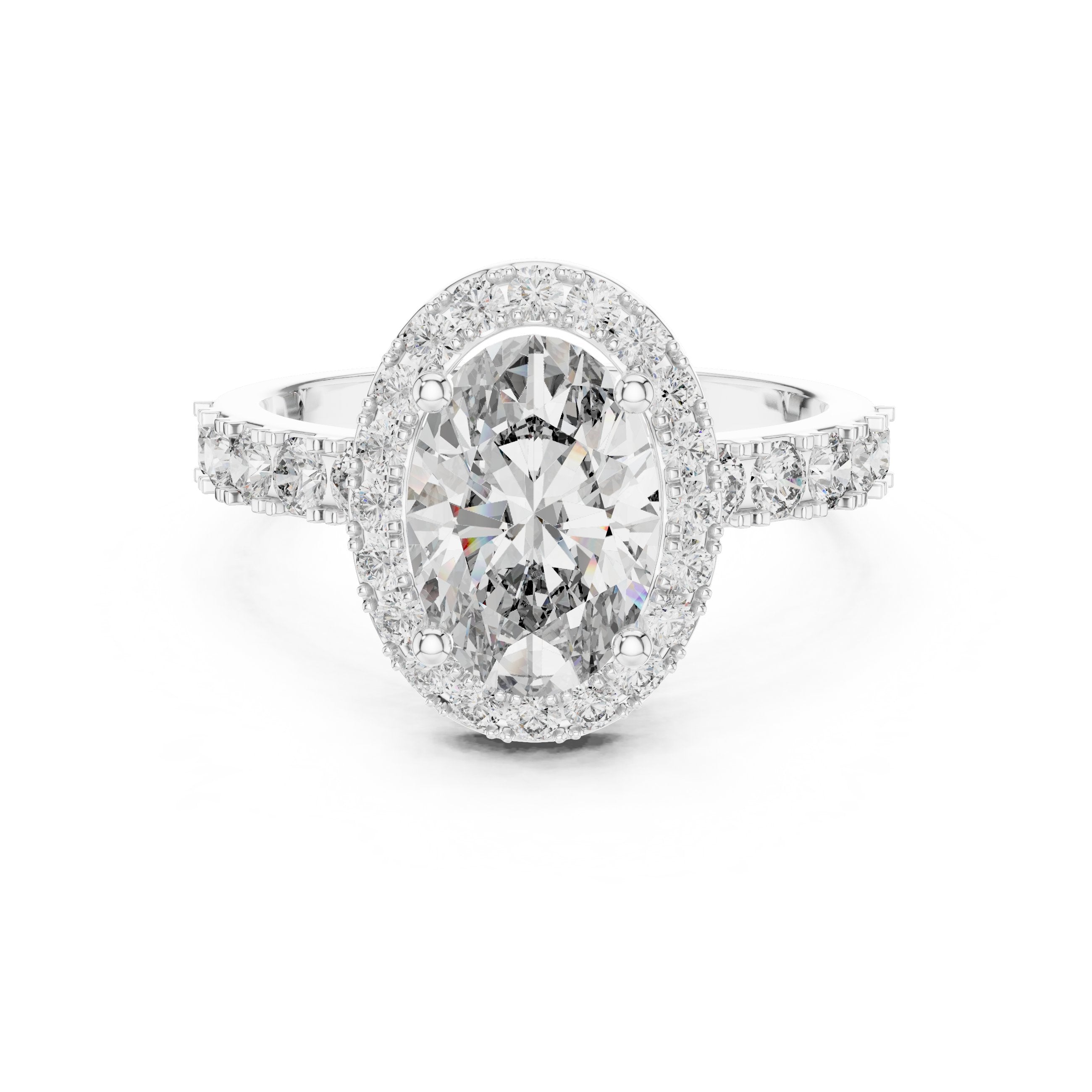 Oval Diamond Halo Engagement Ring with Double Row Pavé Band in White Gold - VYKA Diamonds