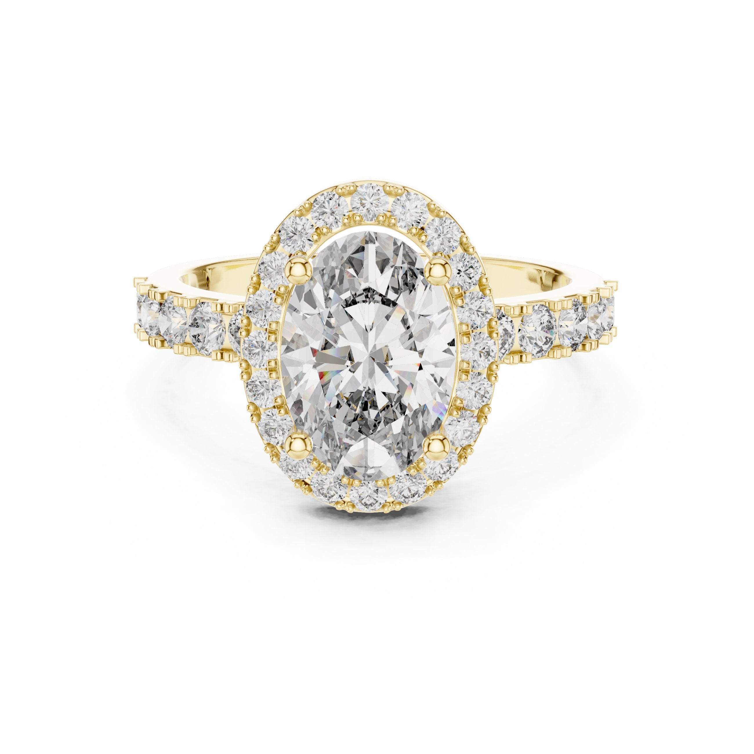 Oval Diamond Halo Engagement Ring with Double Row Pavé Band in Yellow Gold - VYKA Diamonds