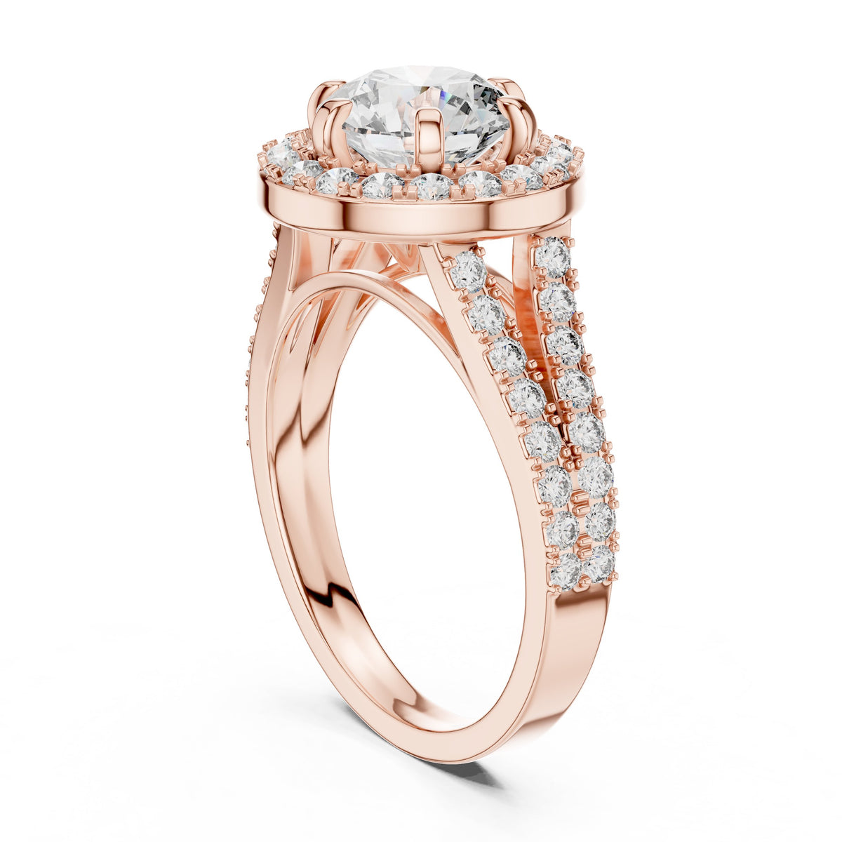 Round Diamond Halo Engagement Ring with Split Shank Pavé Band