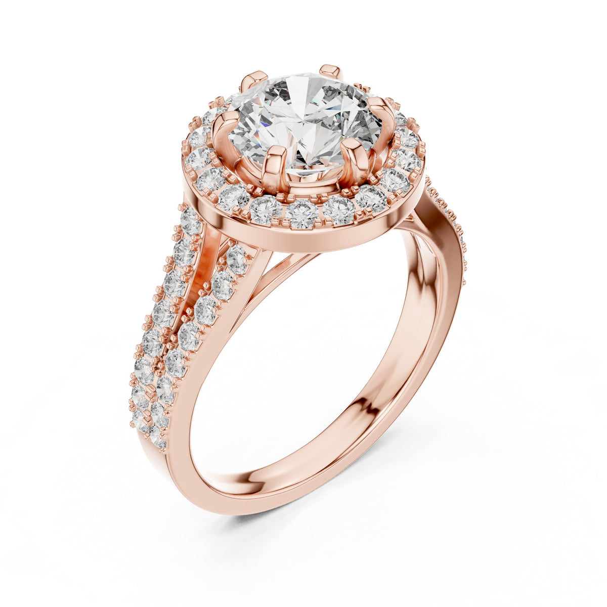 Round Diamond Halo Engagement Ring with Split Shank Pavé Band
