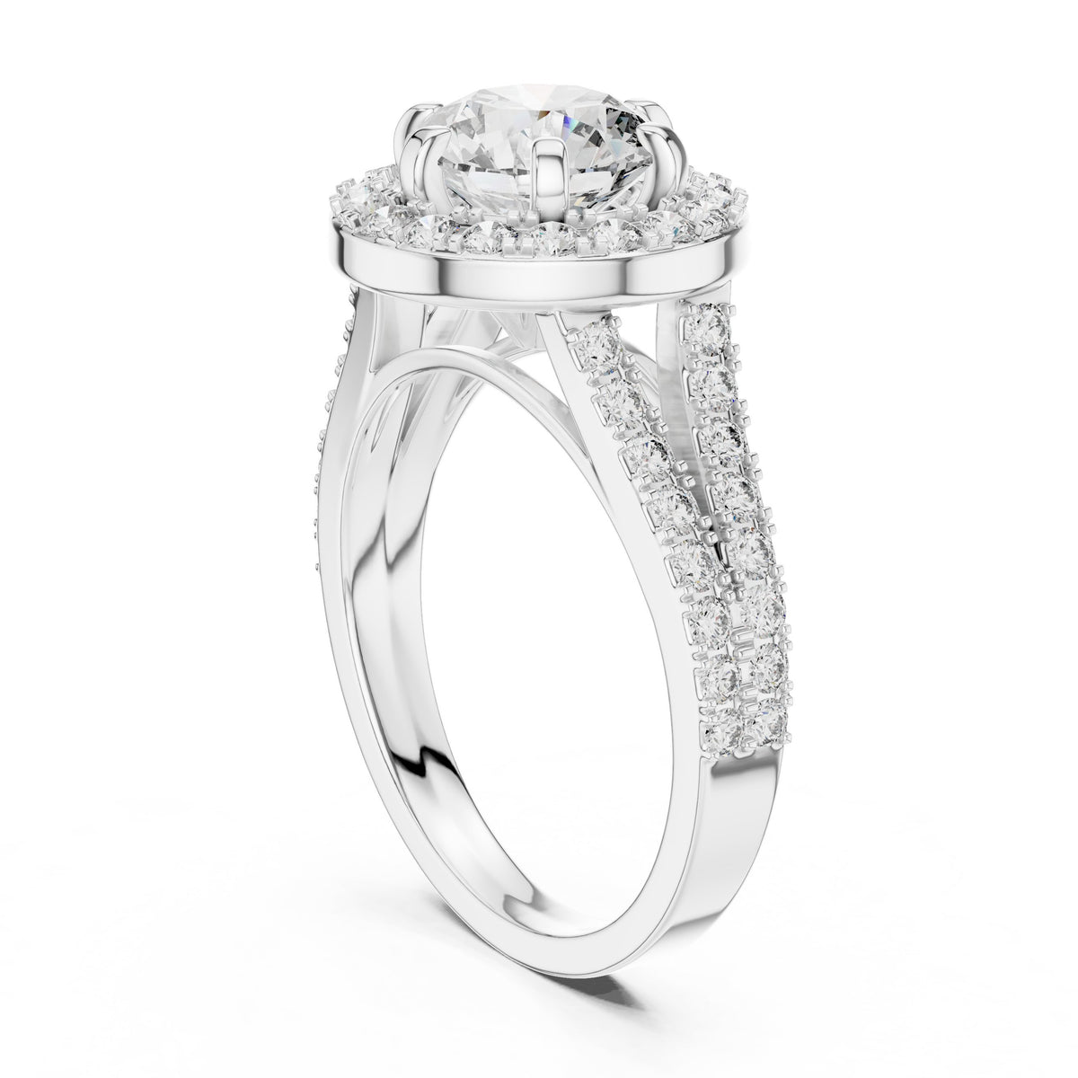 Round Diamond Halo Engagement Ring with Split Shank Pavé Band