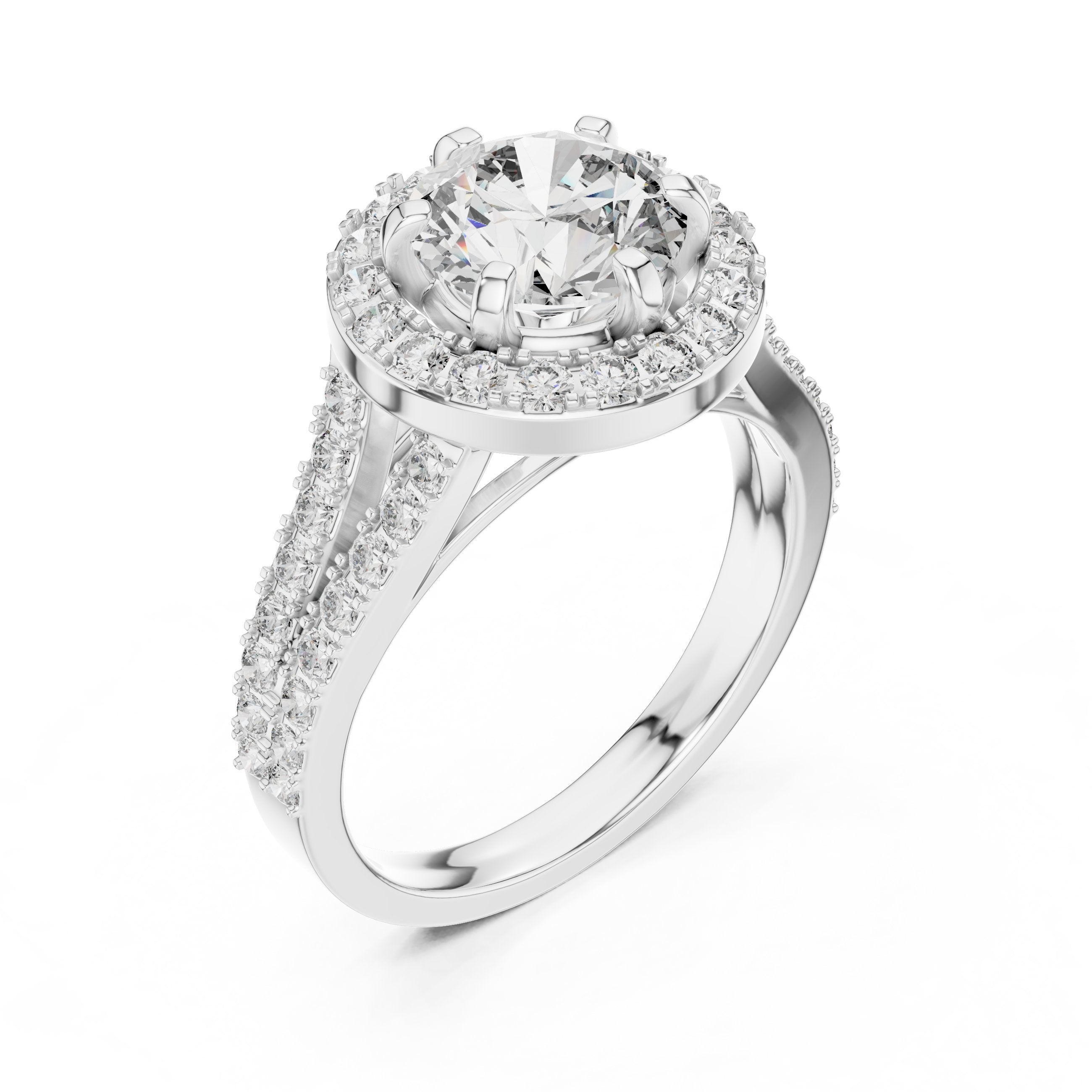 Round Diamond Halo Engagement Ring with Split Shank Pavé Band in White Gold - VYKA Diamonds