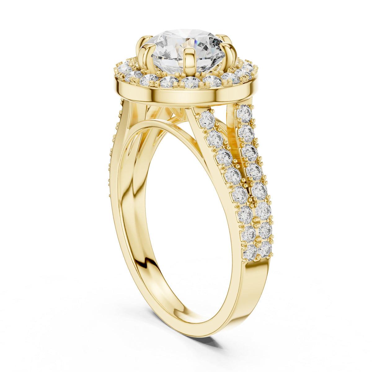 Round Diamond Halo Engagement Ring with Split Shank Pavé Band