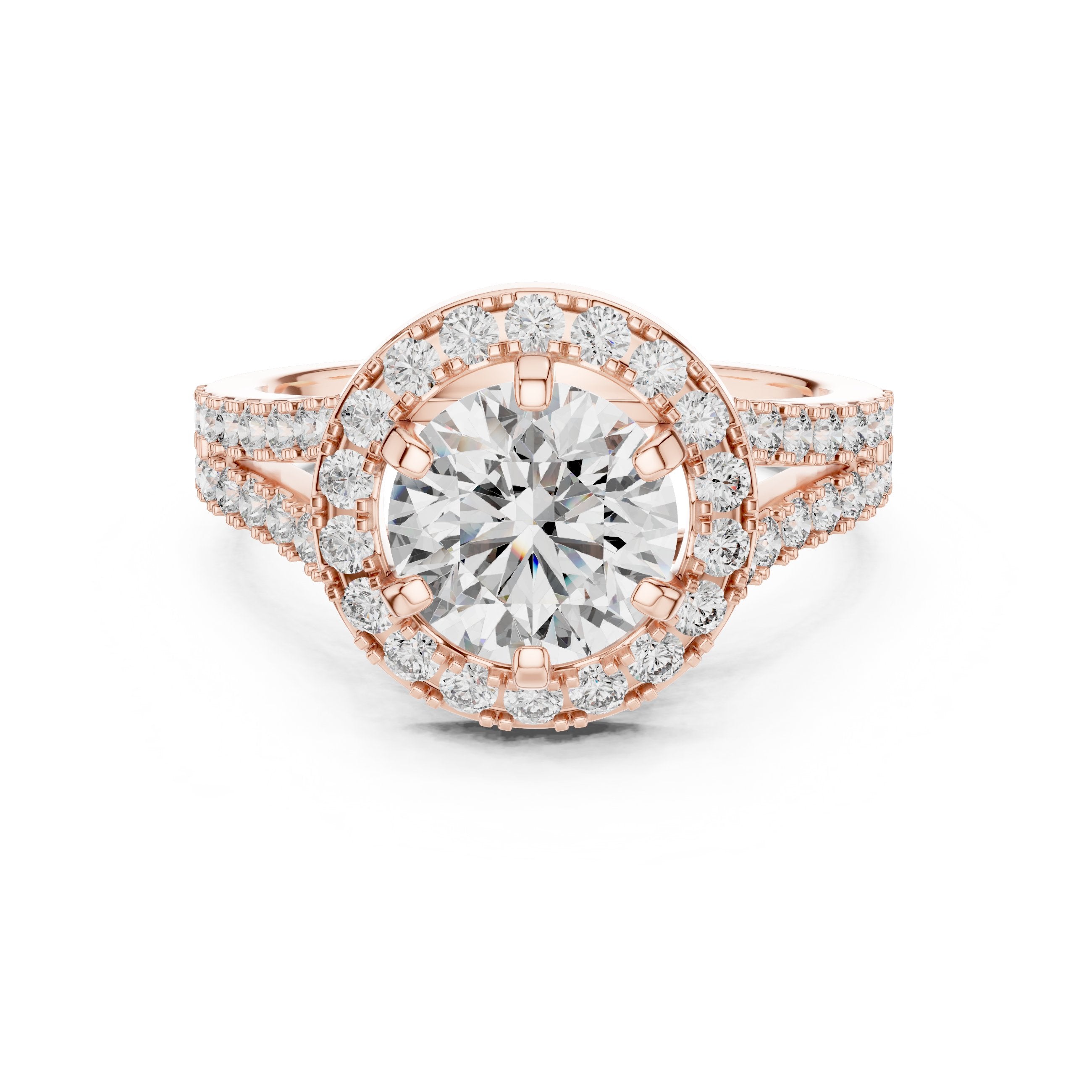 Round Diamond Halo Engagement Ring with Split Shank Pavé Band in Rose Gold - VYKA Diamonds