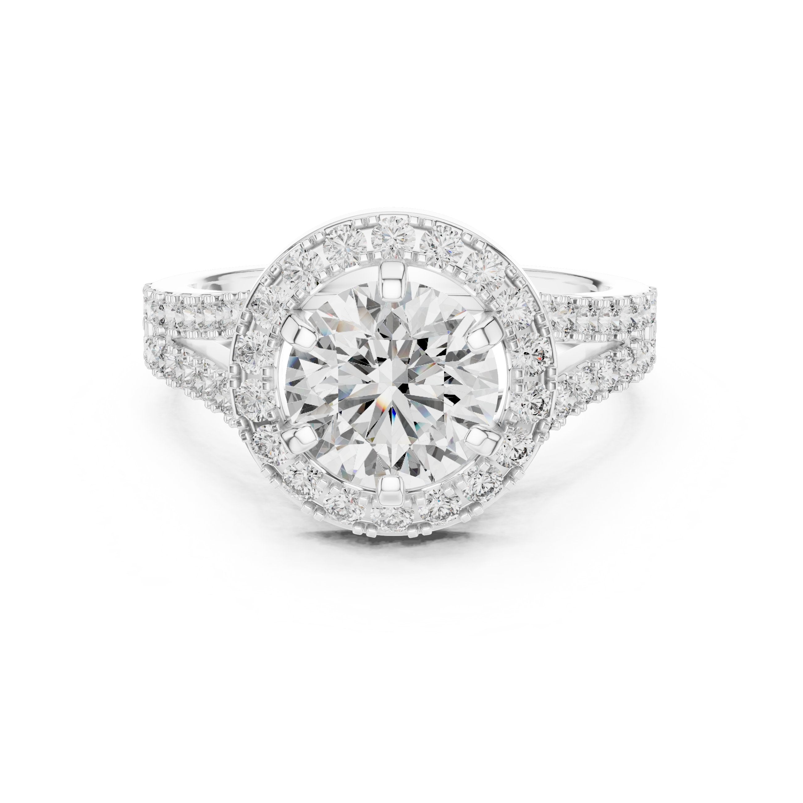 Round Diamond Halo Engagement Ring with Split Shank Pavé Band in White Gold - VYKA Diamonds