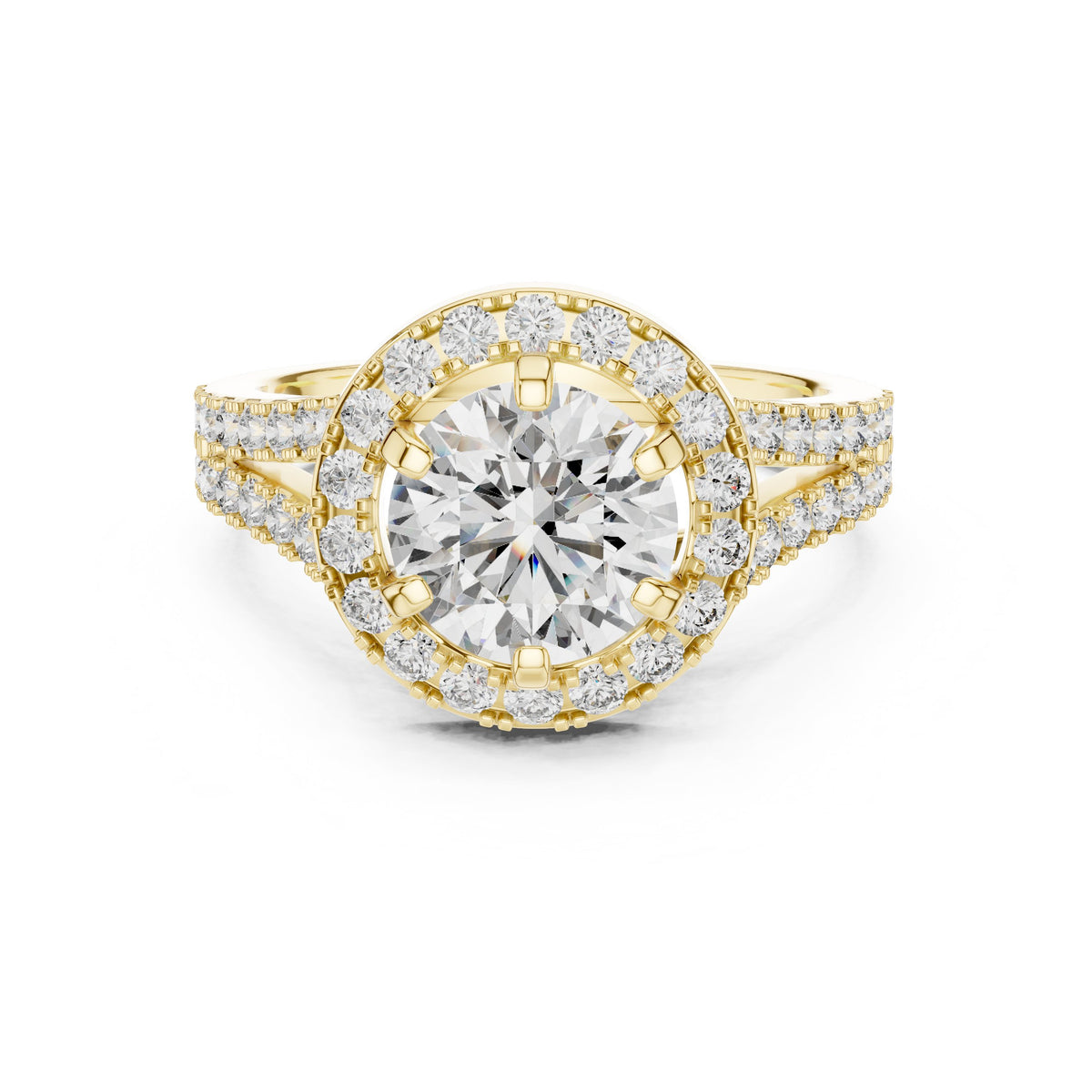 Round Diamond Halo Engagement Ring with Split Shank Pavé Band