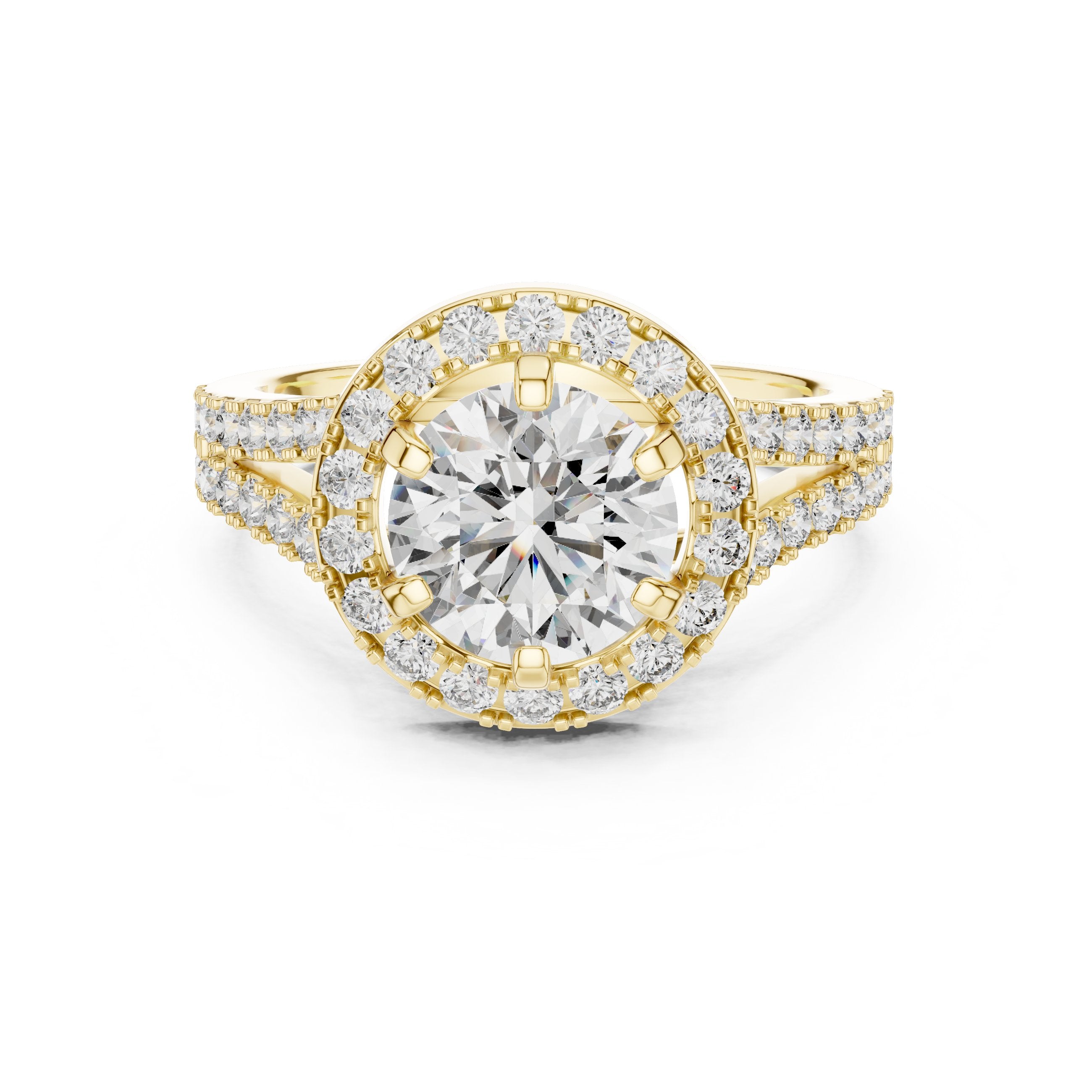 Round Diamond Halo Engagement Ring with Split Shank Pavé Band in Yellow Gold - VYKA Diamonds
