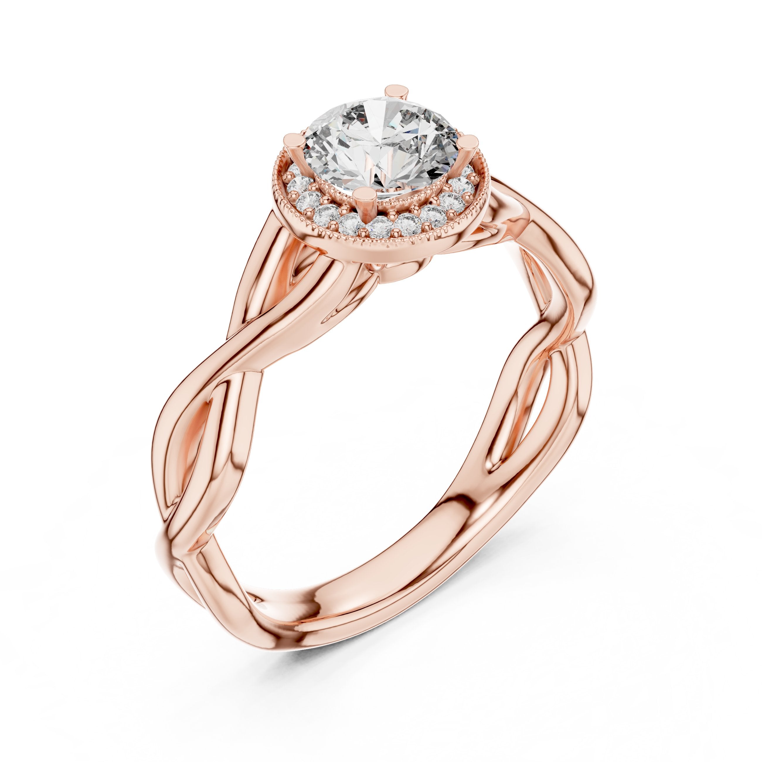 Round Diamond Halo Engagement Ring with Tapered Band in Rose Gold - VYKA Diamonds