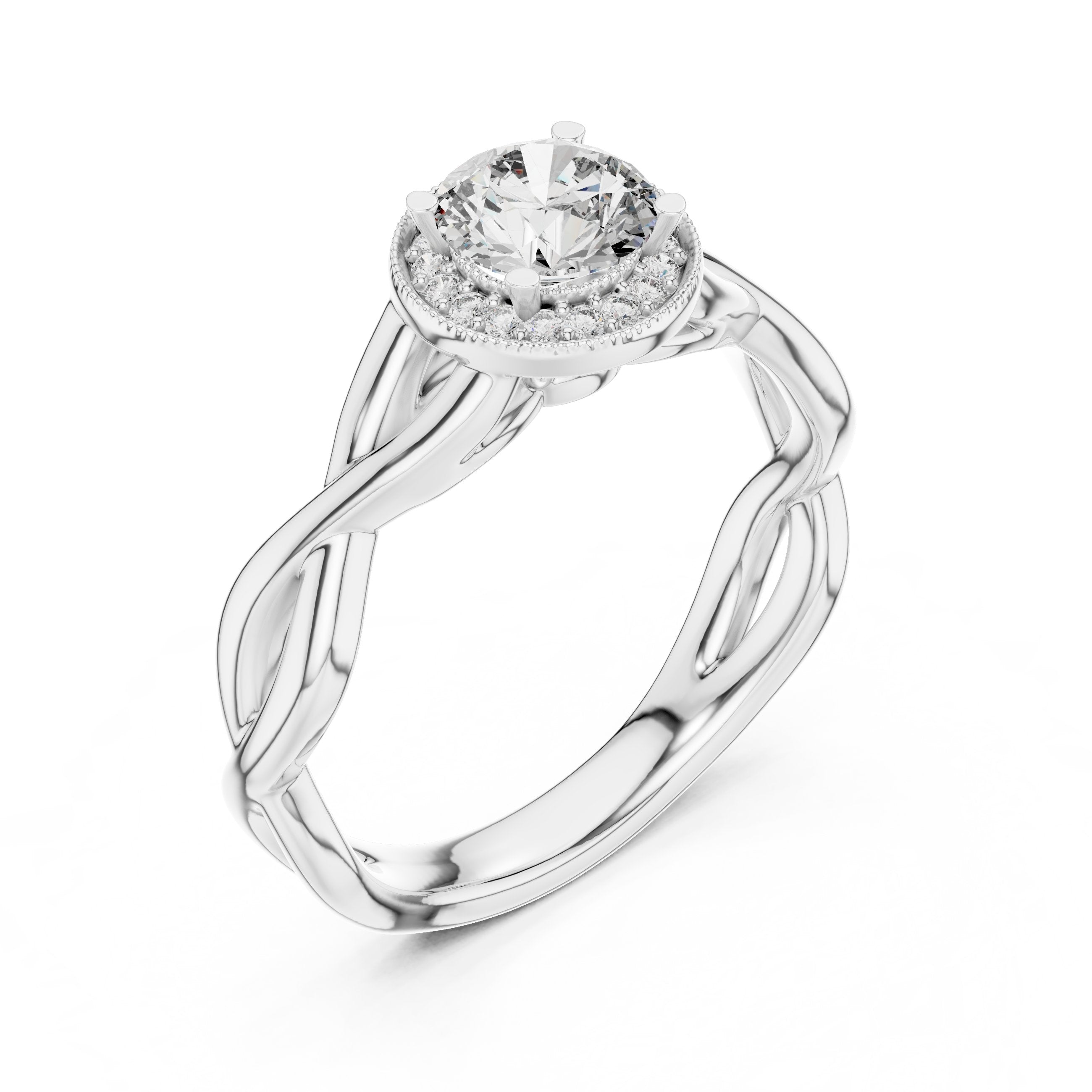 Round Diamond Halo Engagement Ring with Tapered Band in White Gold - VYKA Diamonds