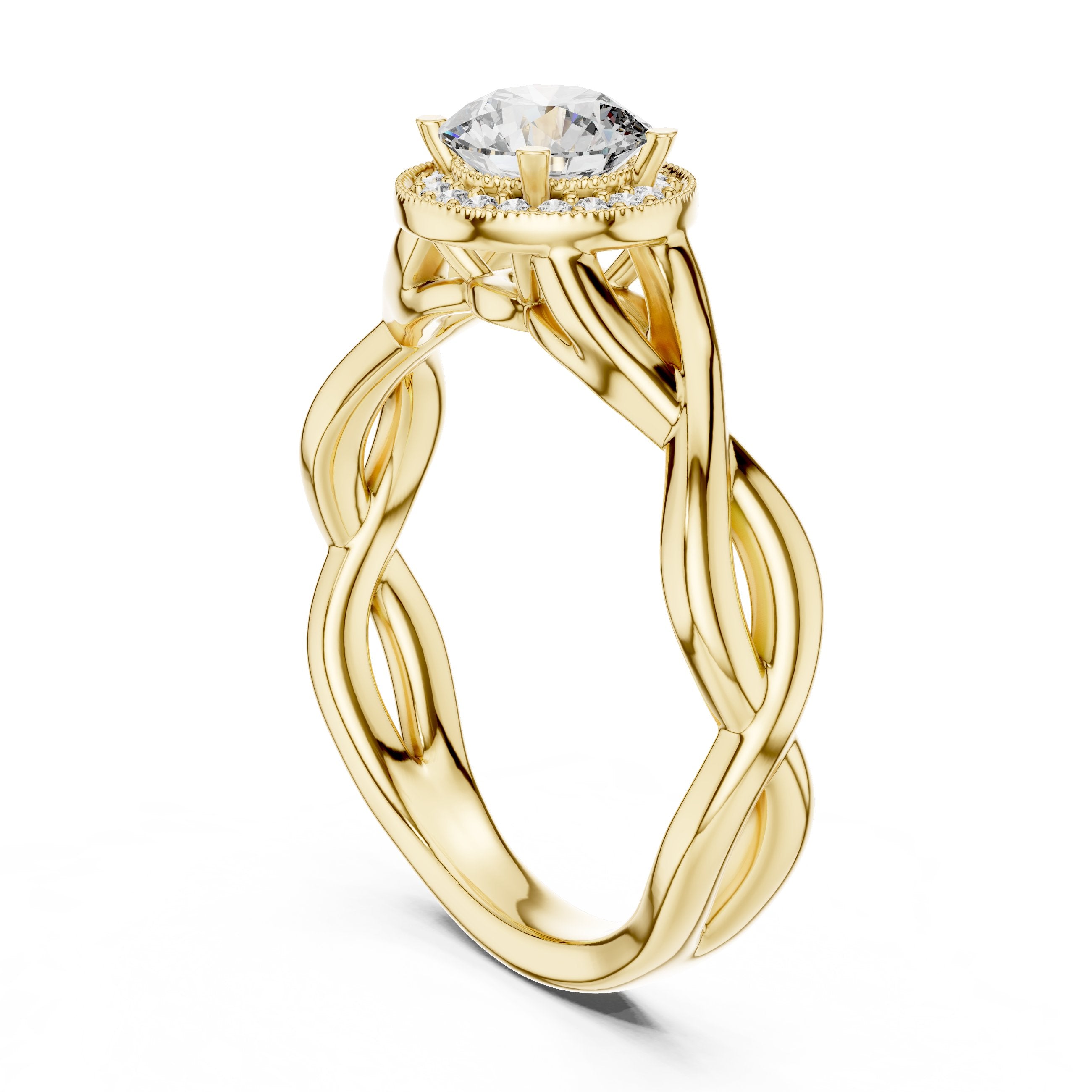 Round Diamond Halo Engagement Ring with Tapered Band in Yellow Gold - VYKA Diamonds