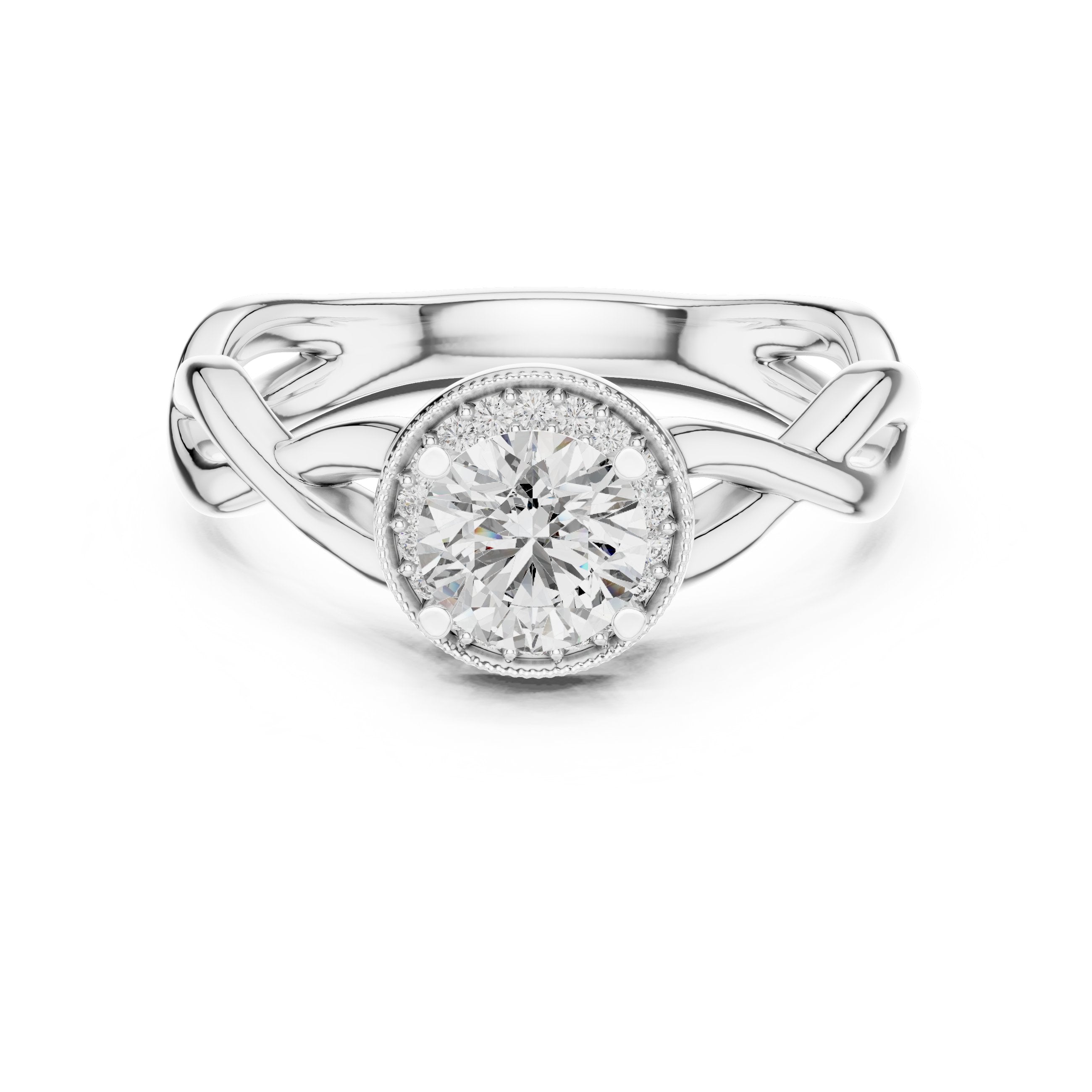 Round Diamond Halo Engagement Ring with Tapered Band in White Gold - VYKA Diamonds