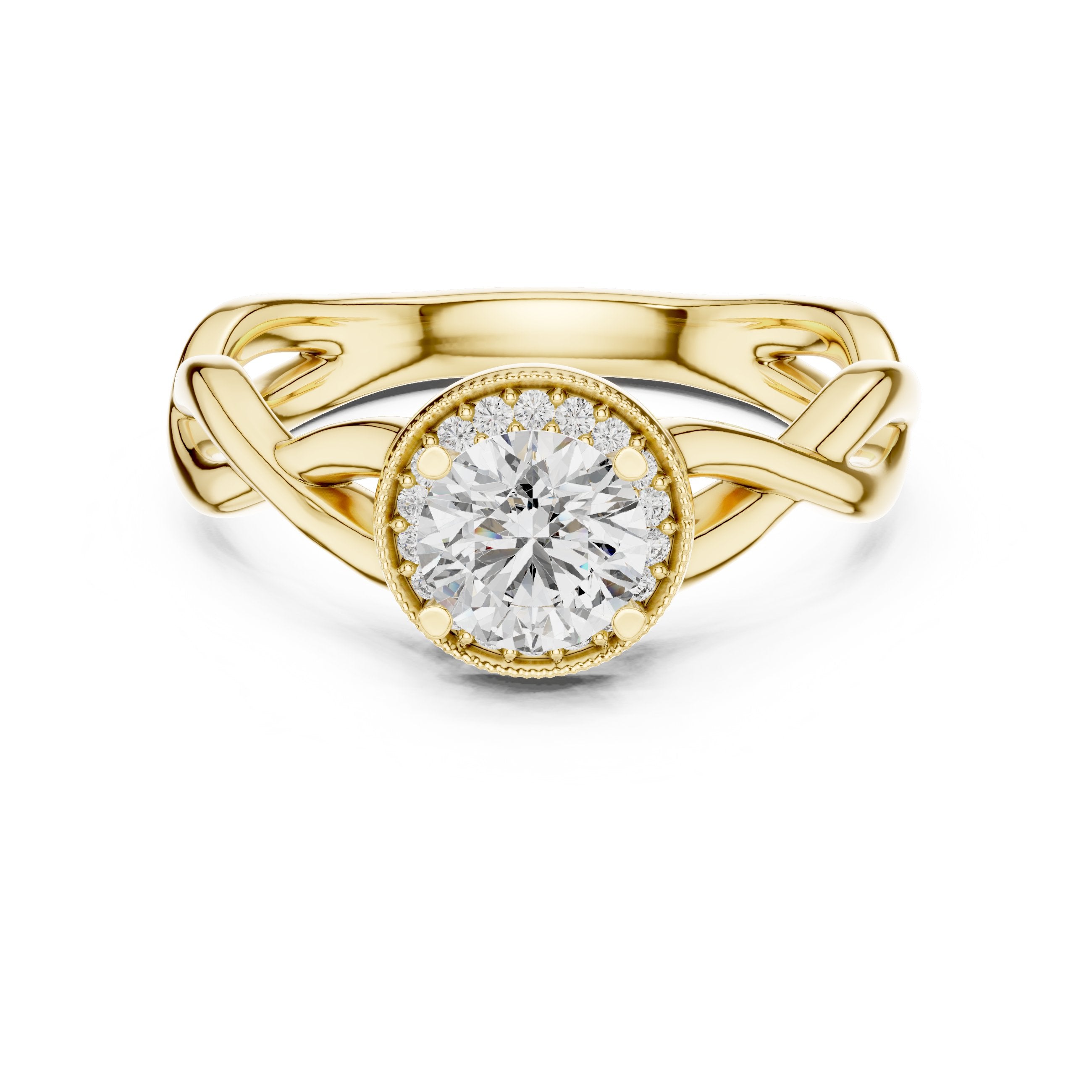 Round Diamond Halo Engagement Ring with Tapered Band in Yellow Gold - VYKA Diamonds