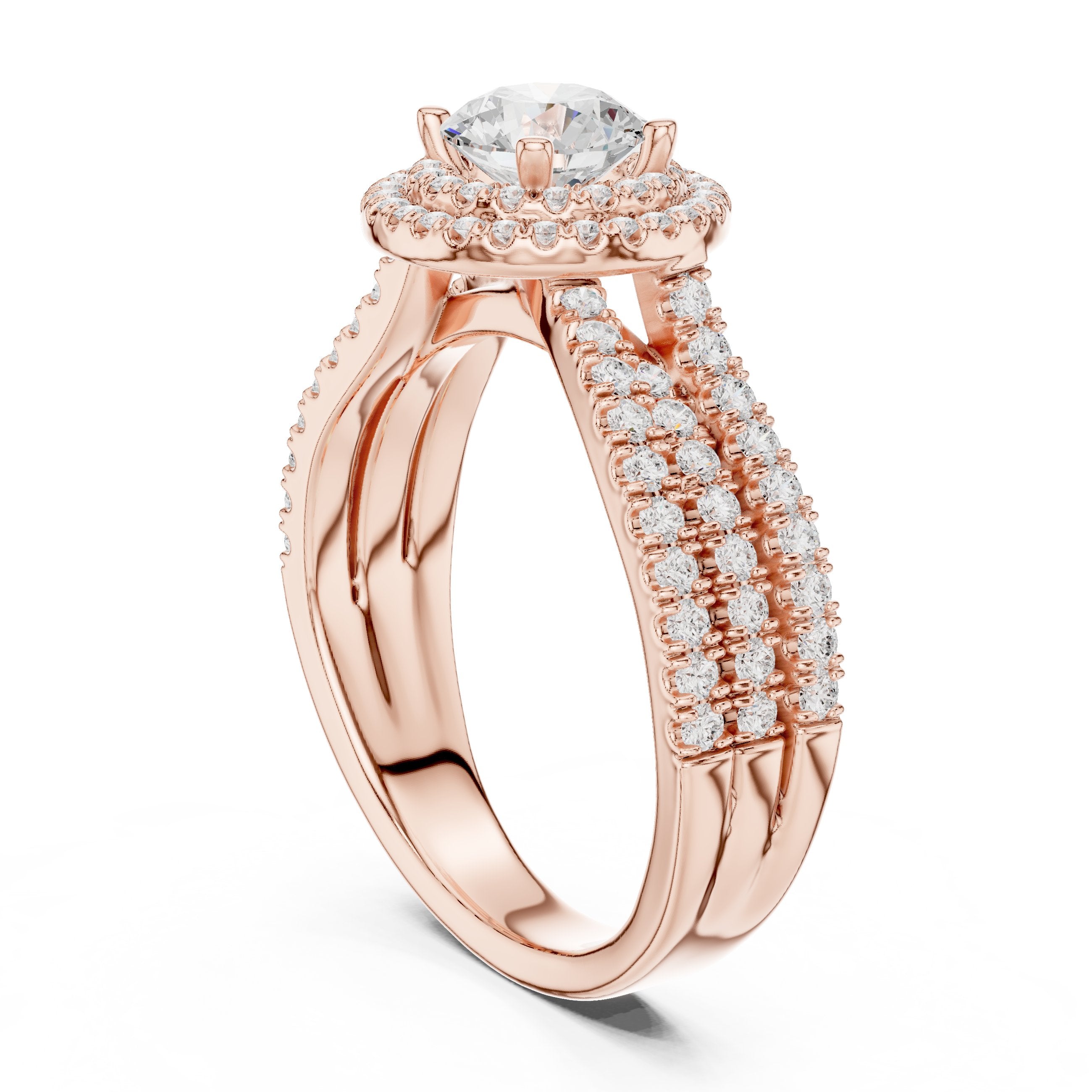 Round Diamond Halo Engagement Ring with Wide Double Pavé Band in Rose Gold - VYKA Diamonds