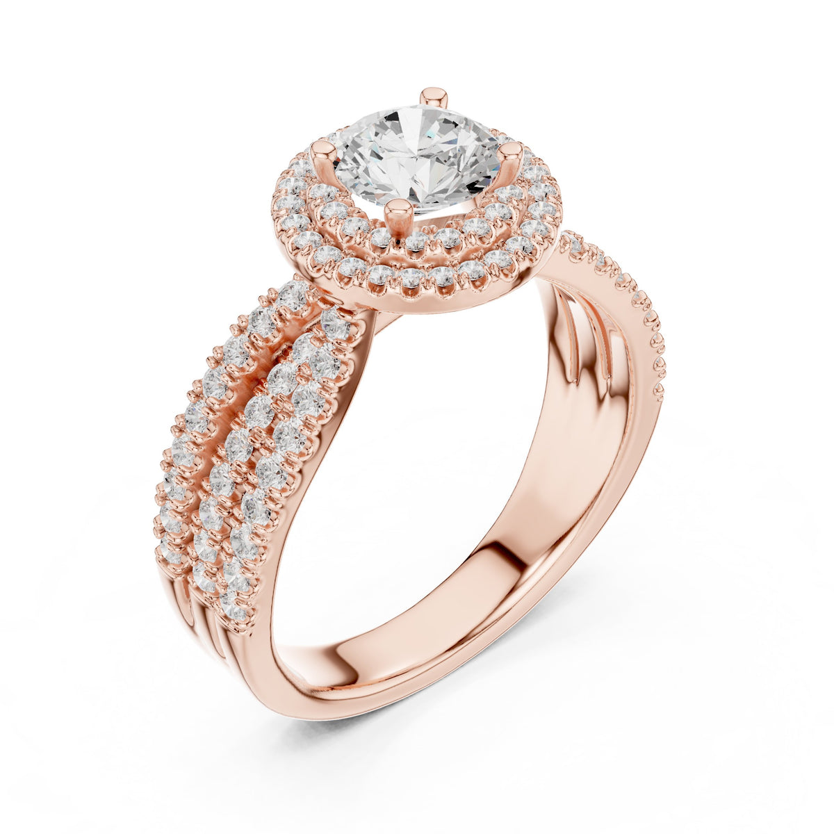 Round Diamond Halo Engagement Ring with Wide Double Pavé Band