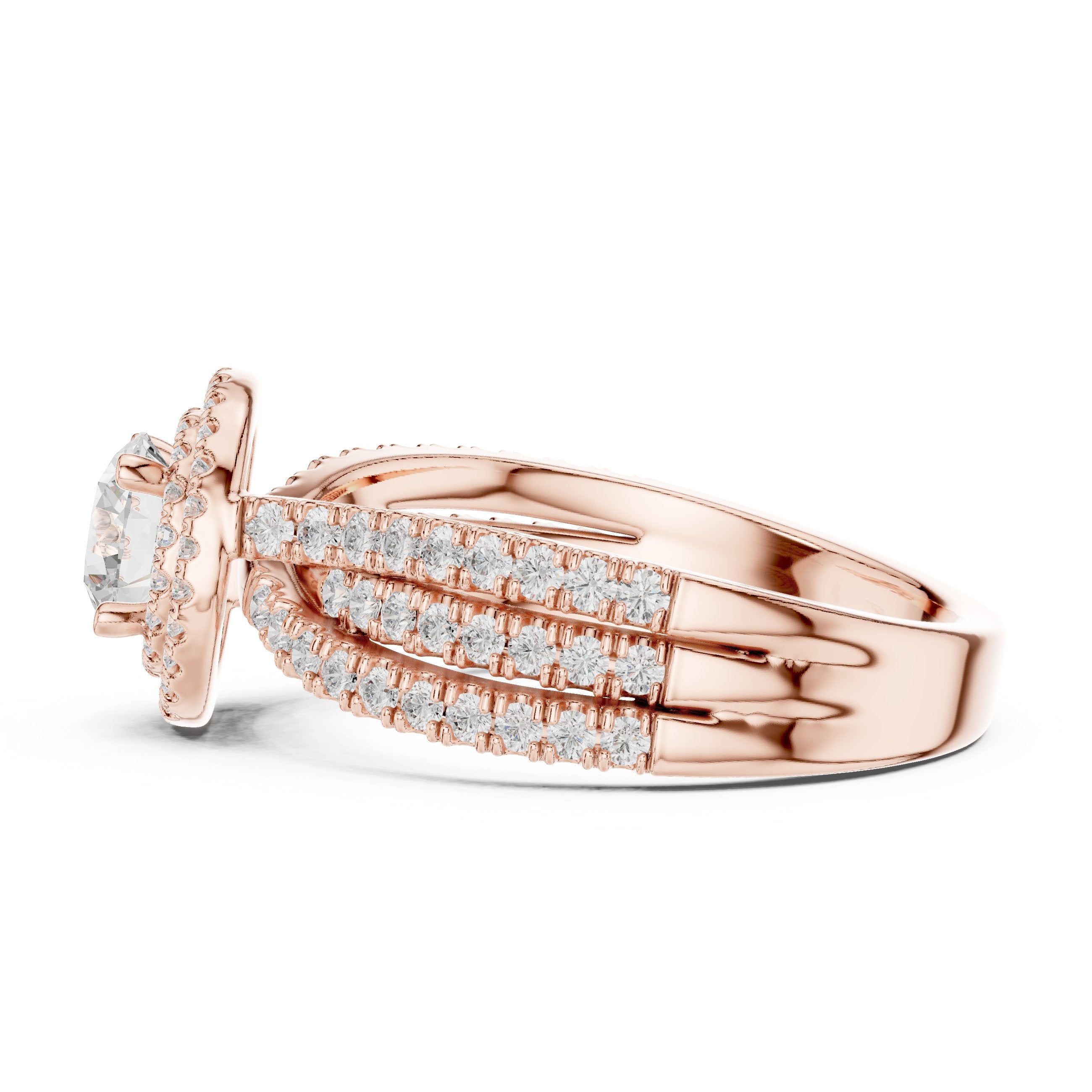 Round Diamond Halo Engagement Ring with Wide Double Pavé Band in Rose Gold - VYKA Diamonds