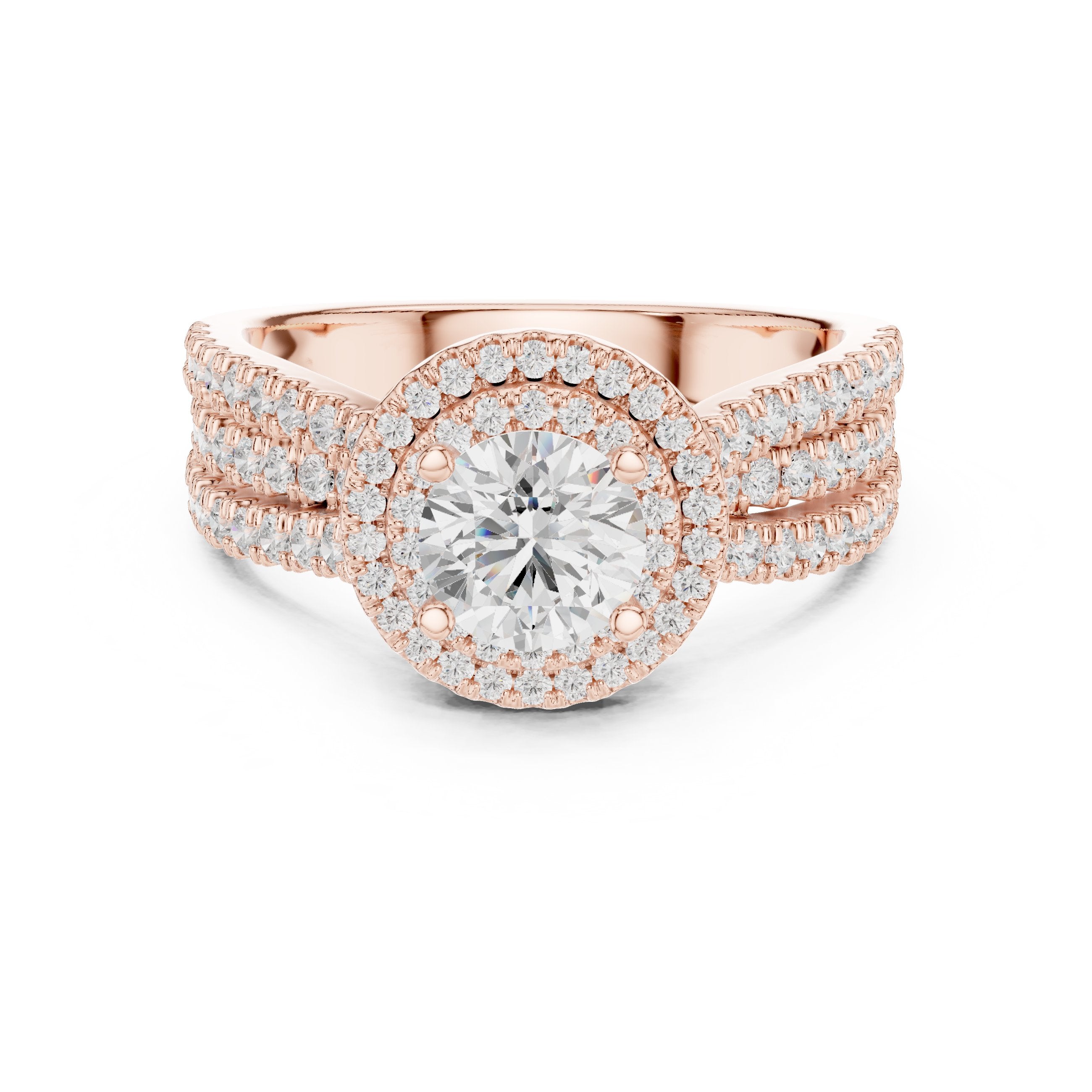 Round Diamond Halo Engagement Ring with Wide Double Pavé Band in Rose Gold - VYKA Diamonds