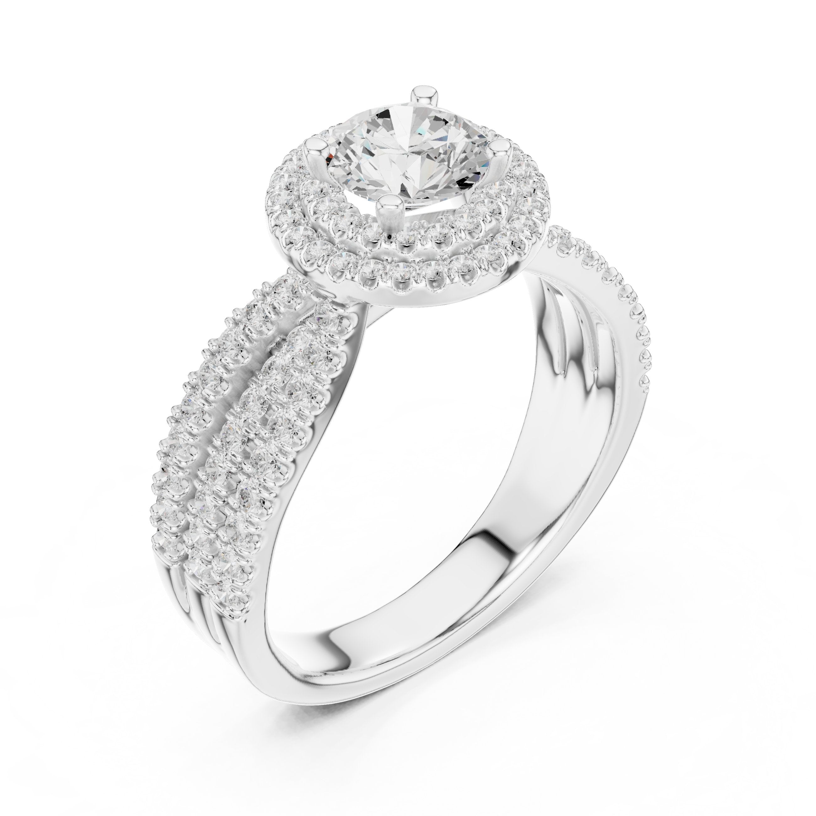 Round Diamond Halo Engagement Ring with Wide Double Pavé Band in White Gold - VYKA Diamonds