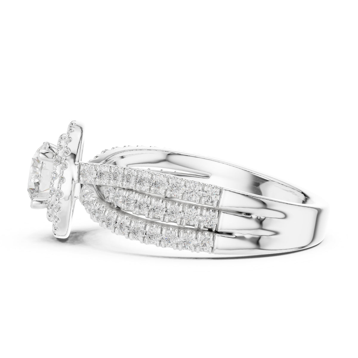 Round Diamond Halo Engagement Ring with Wide Double Pavé Band
