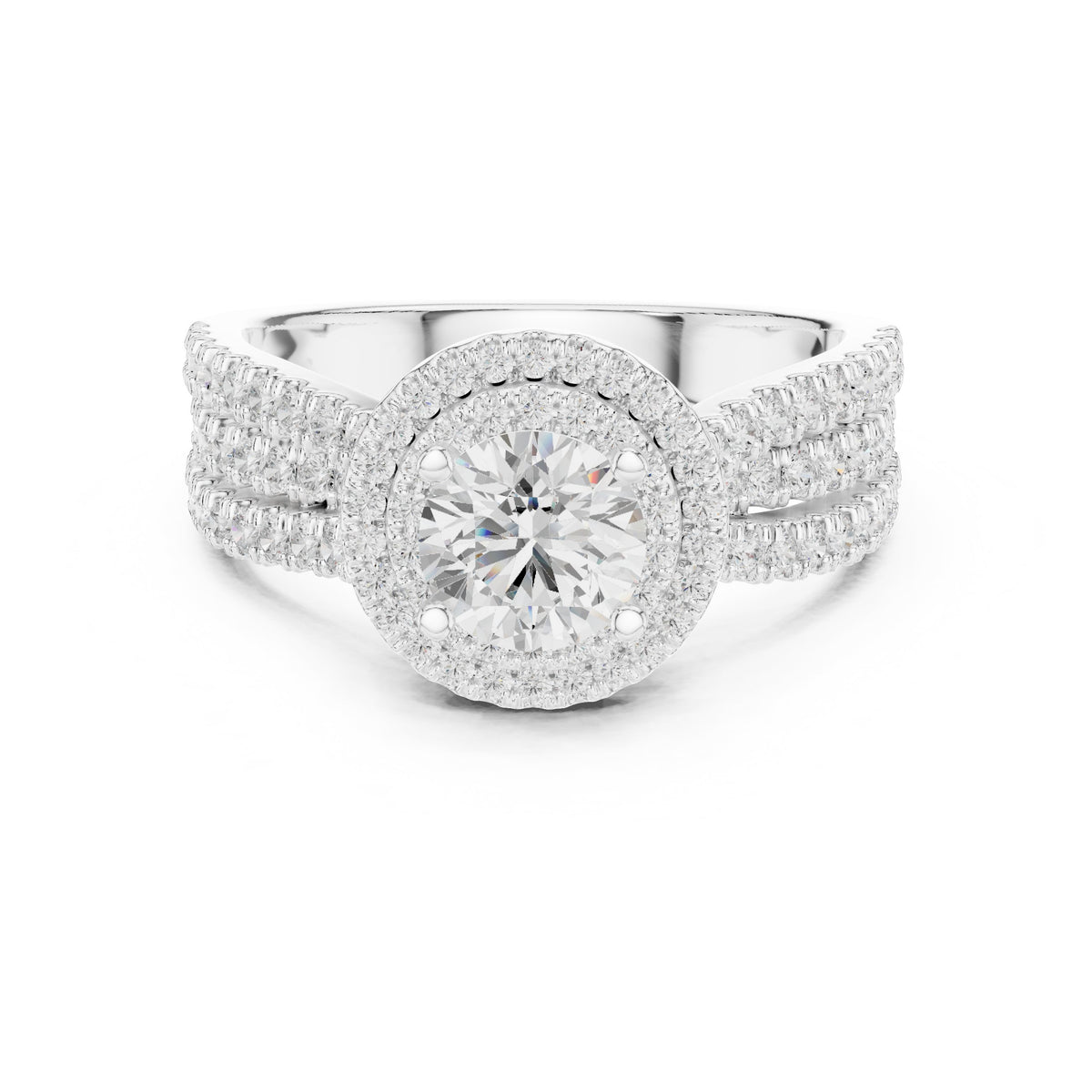 Round Diamond Halo Engagement Ring with Wide Double Pavé Band