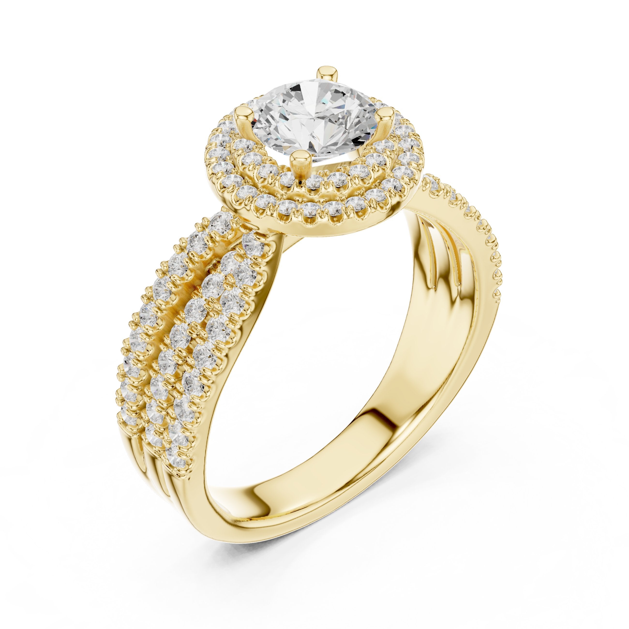 Round Diamond Halo Engagement Ring with Wide Double Pavé Band in Yellow Gold - VYKA Diamonds