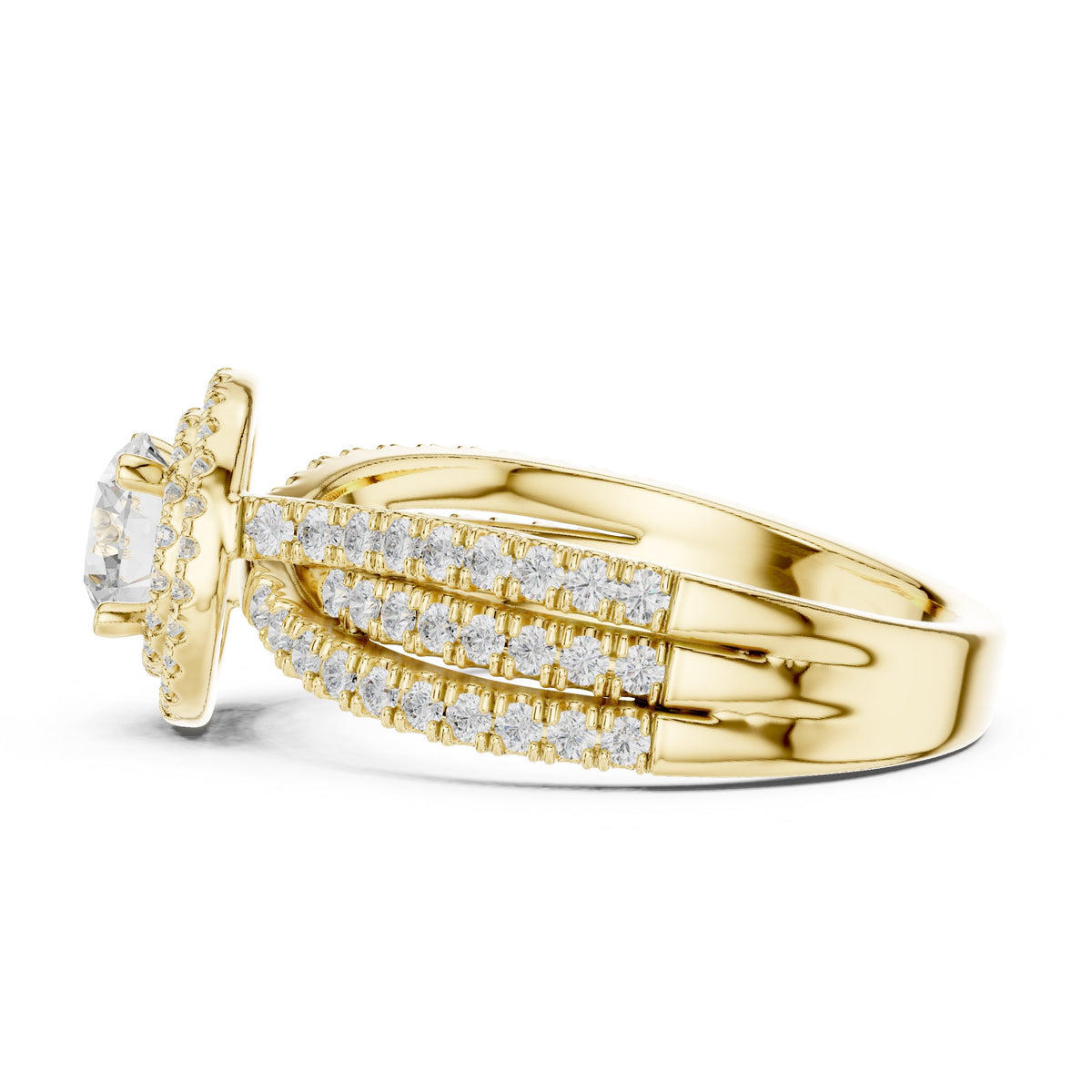 Round Diamond Halo Engagement Ring with Wide Double Pavé Band