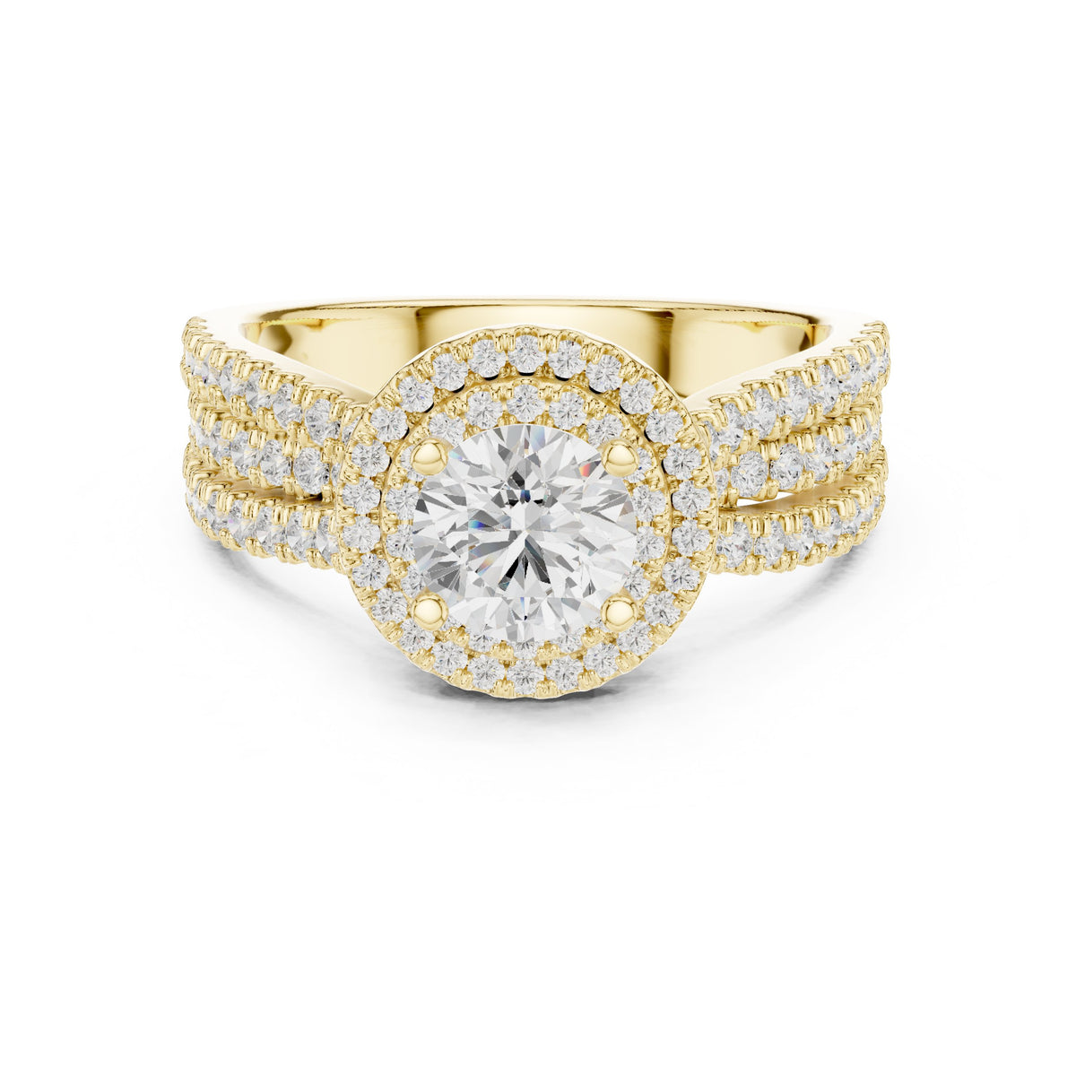 Round Diamond Halo Engagement Ring with Wide Double Pavé Band