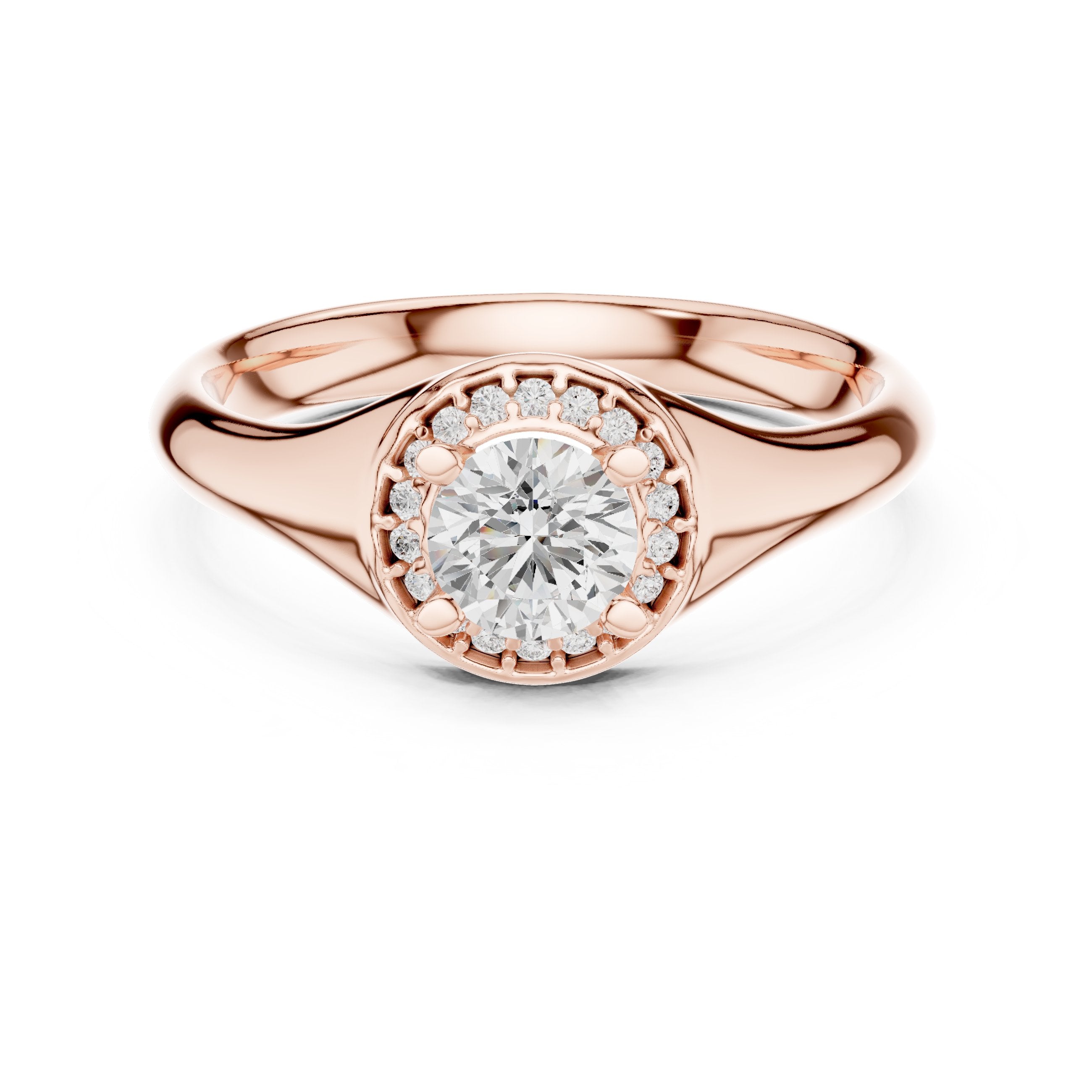 خاتم خطوبة ألماس مستدير بهالة وتصميم سيغنت in Rose Gold - VYKA Diamonds