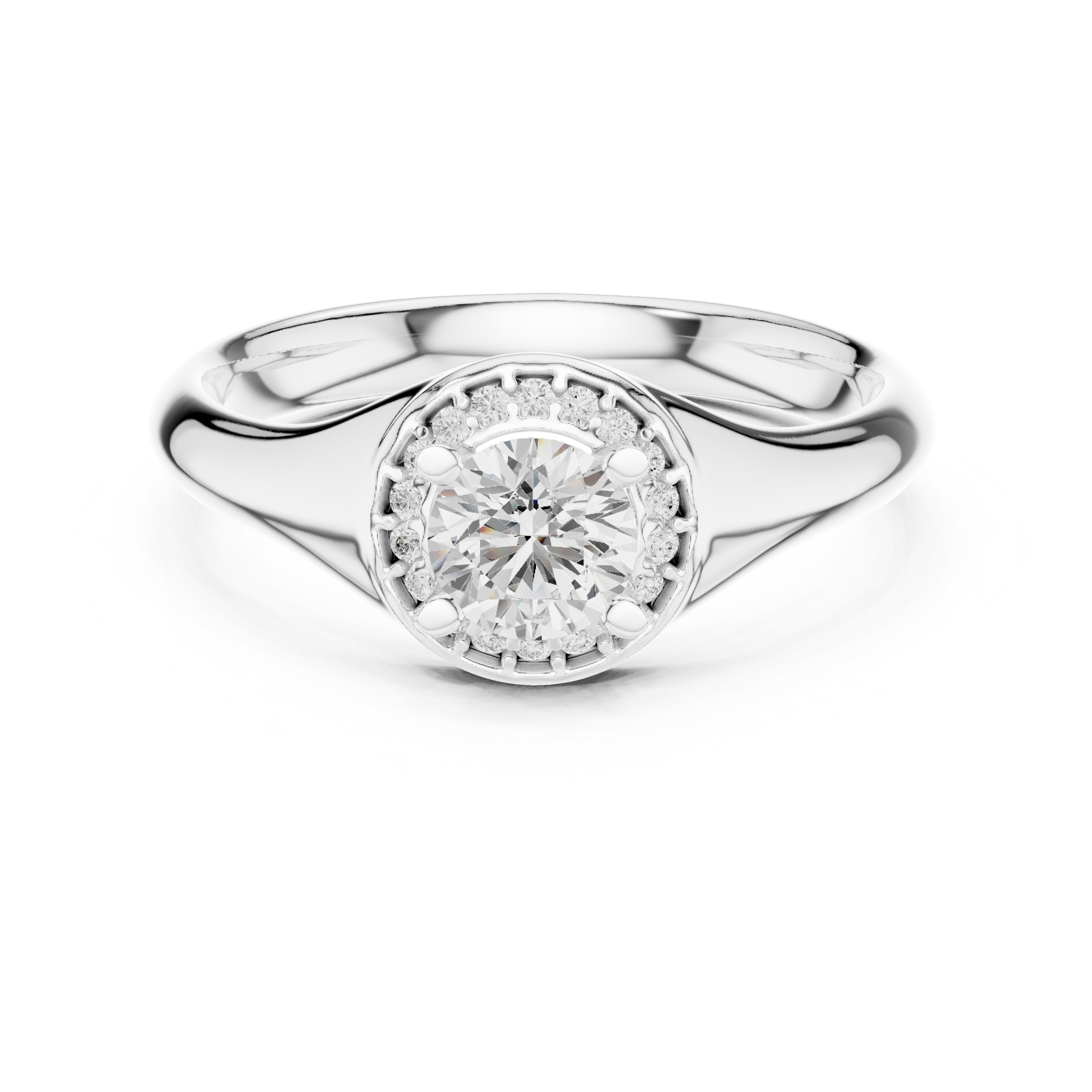 خاتم خطوبة ألماس مستدير بهالة وتصميم سيغنت in White Gold - VYKA Diamonds