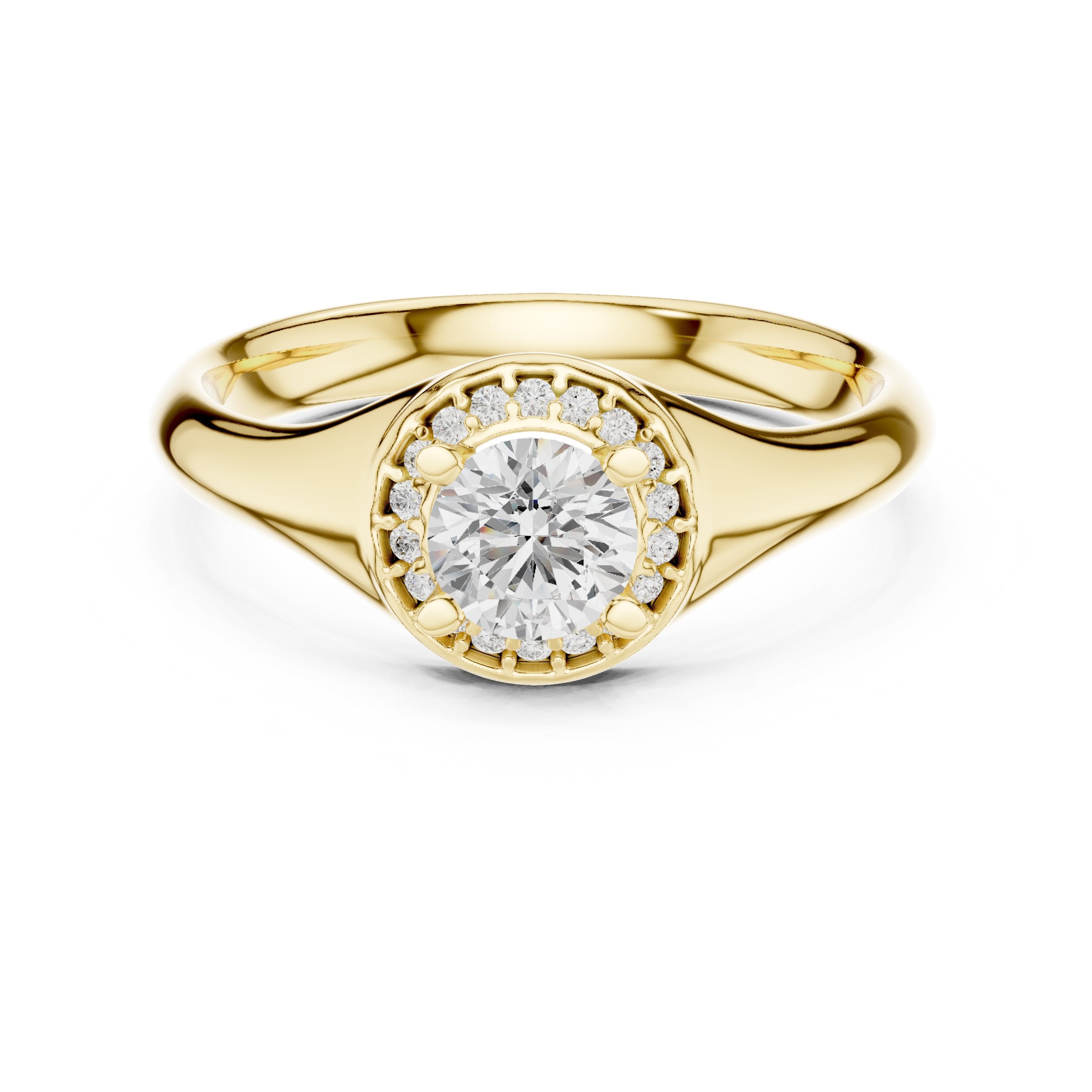 خاتم خطوبة ألماس مستدير بهالة وتصميم سيغنت in Yellow Gold - VYKA Diamonds