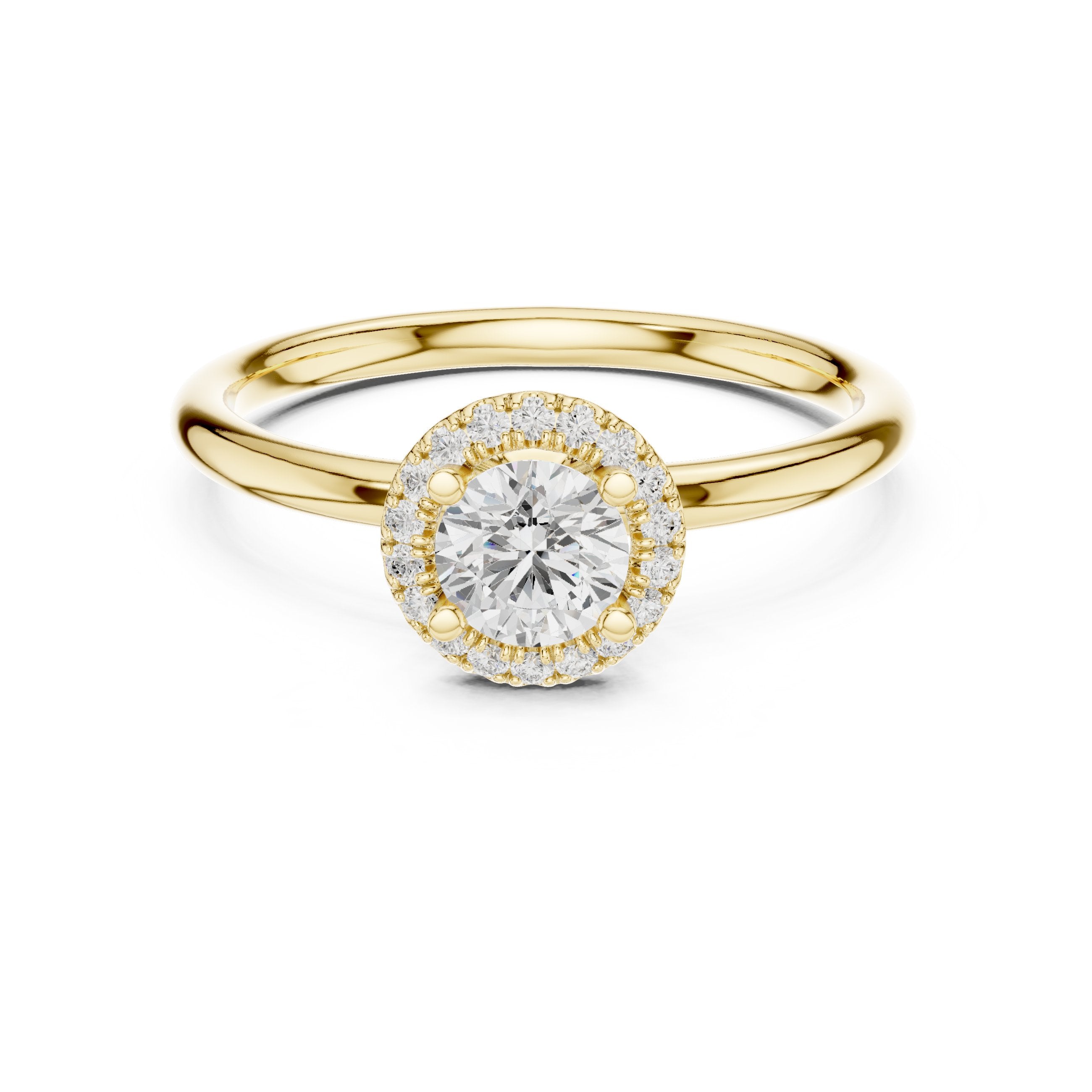 Round Diamond Petite Halo Solitaire Engagement Ring in Yellow Gold - VYKA Diamonds