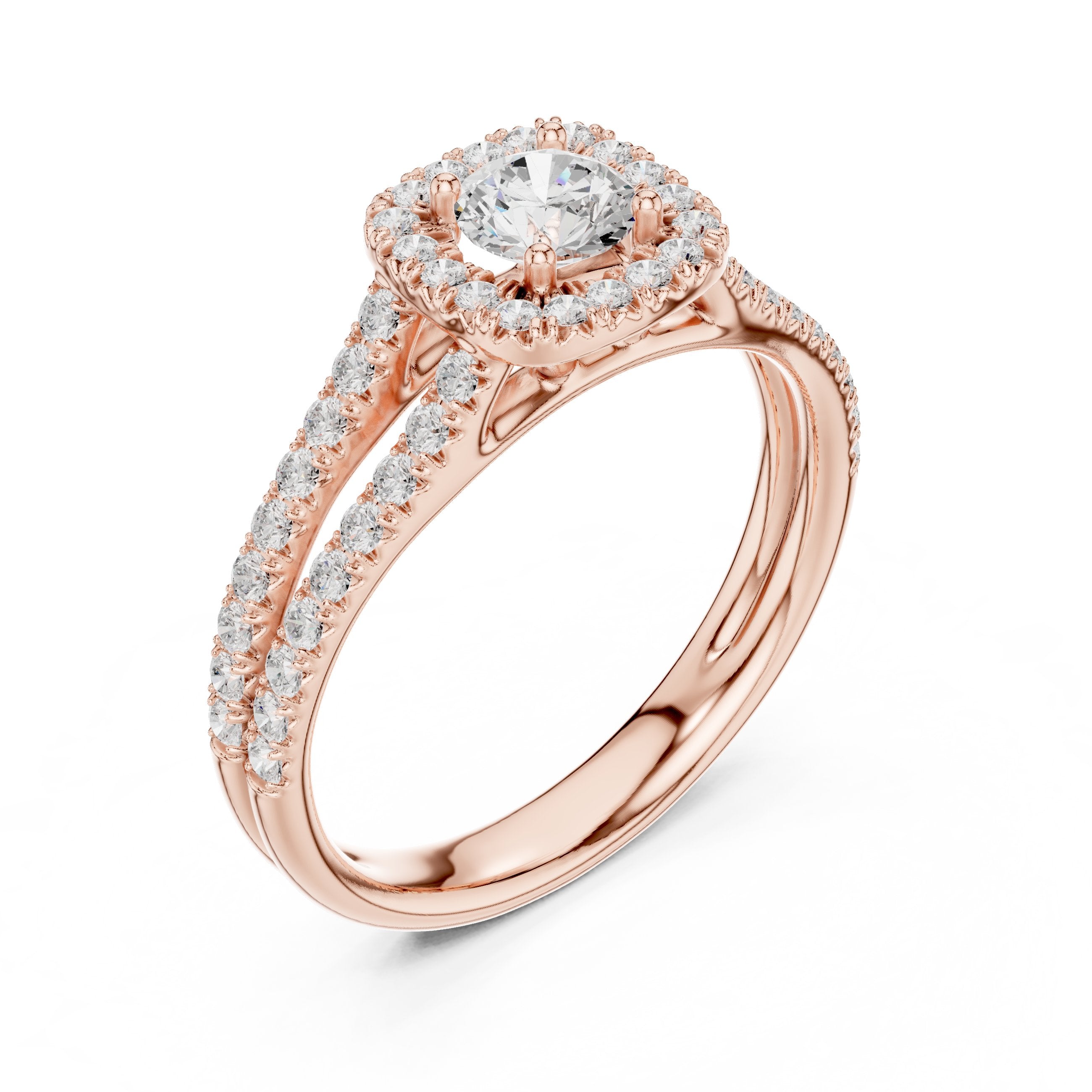 Round Diamond Cushion Halo Engagement Ring with Split Shank Pavé Band in Rose Gold - VYKA Diamonds