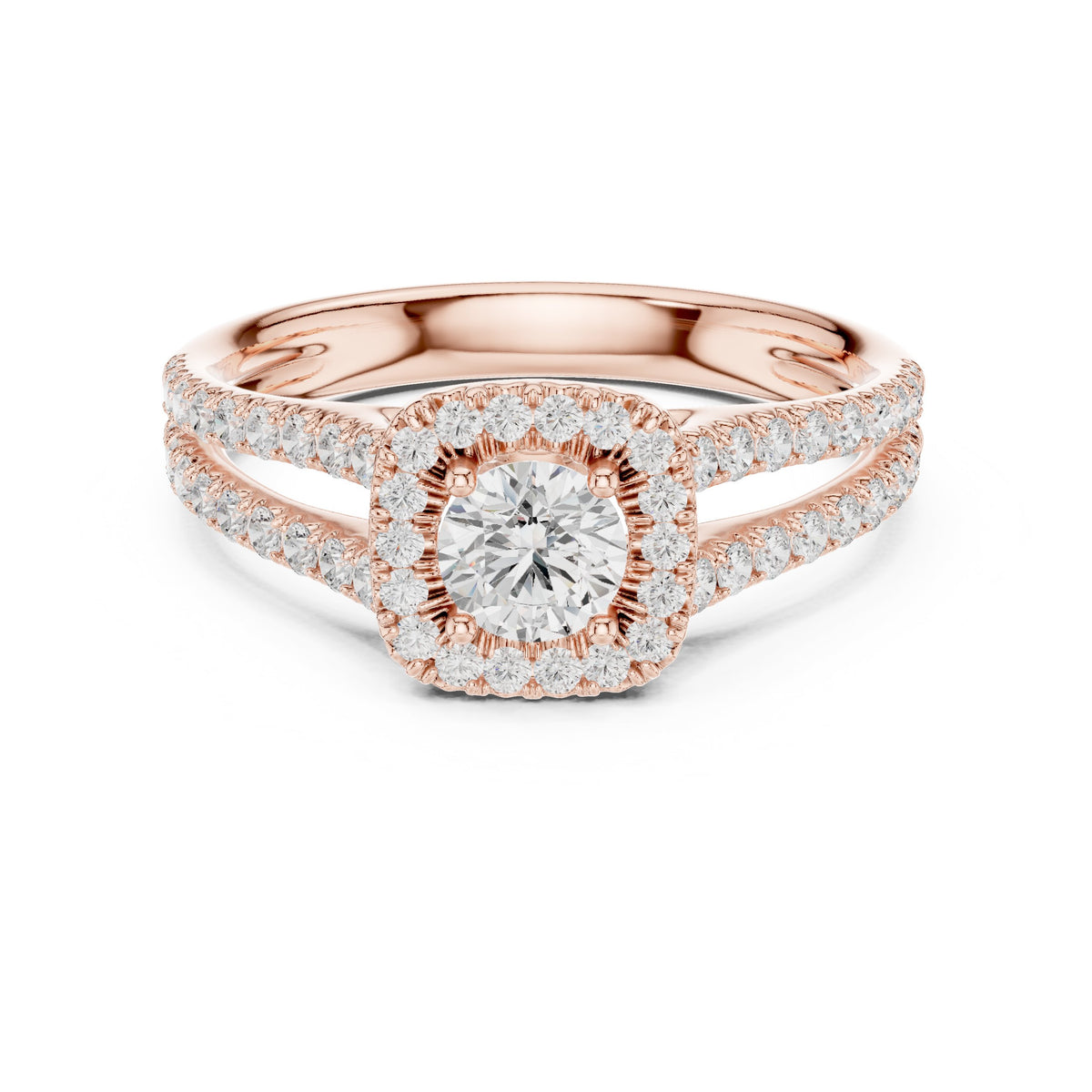Round Diamond Cushion Halo Engagement Ring with Split Shank Pavé Band