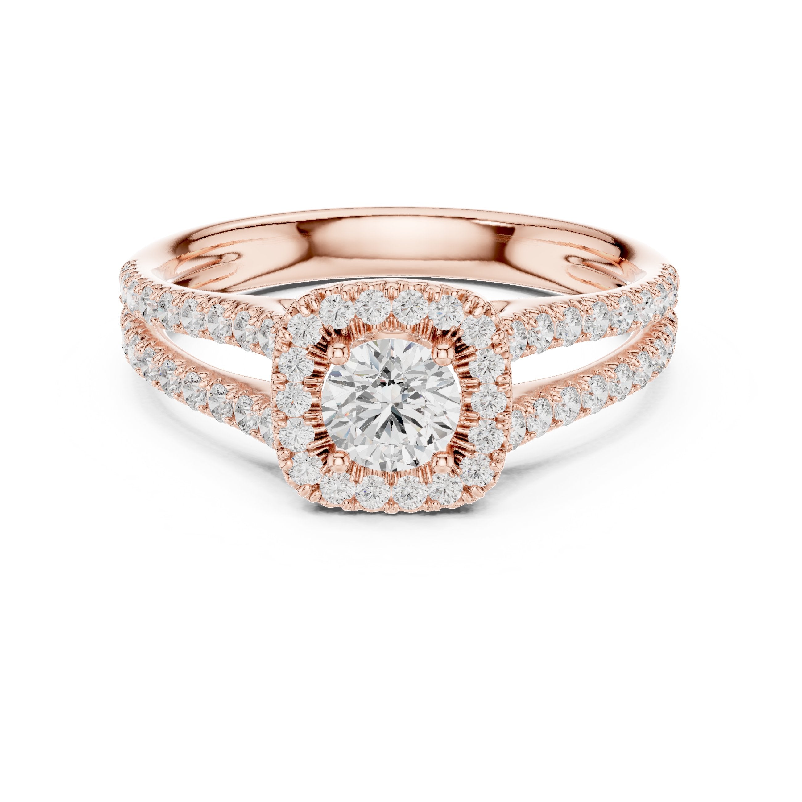 Round Diamond Cushion Halo Engagement Ring with Split Shank Pavé Band in Rose Gold - VYKA Diamonds