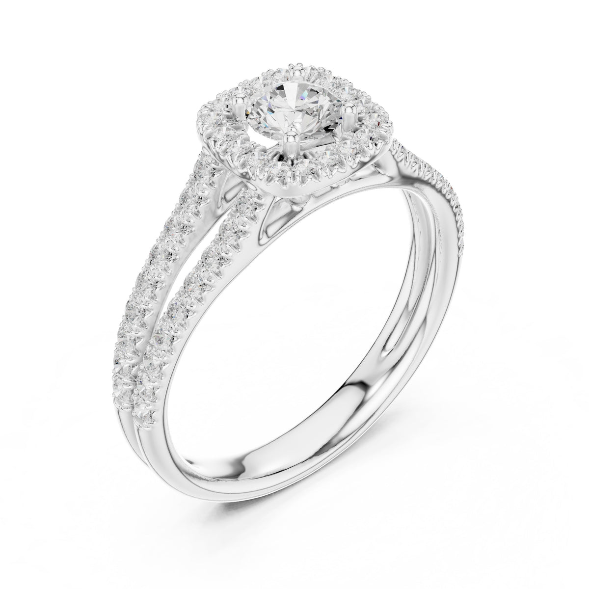 Round Diamond Cushion Halo Engagement Ring with Split Shank Pavé Band