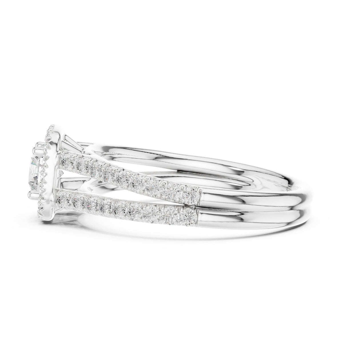 Round Diamond Cushion Halo Engagement Ring with Split Shank Pavé Band