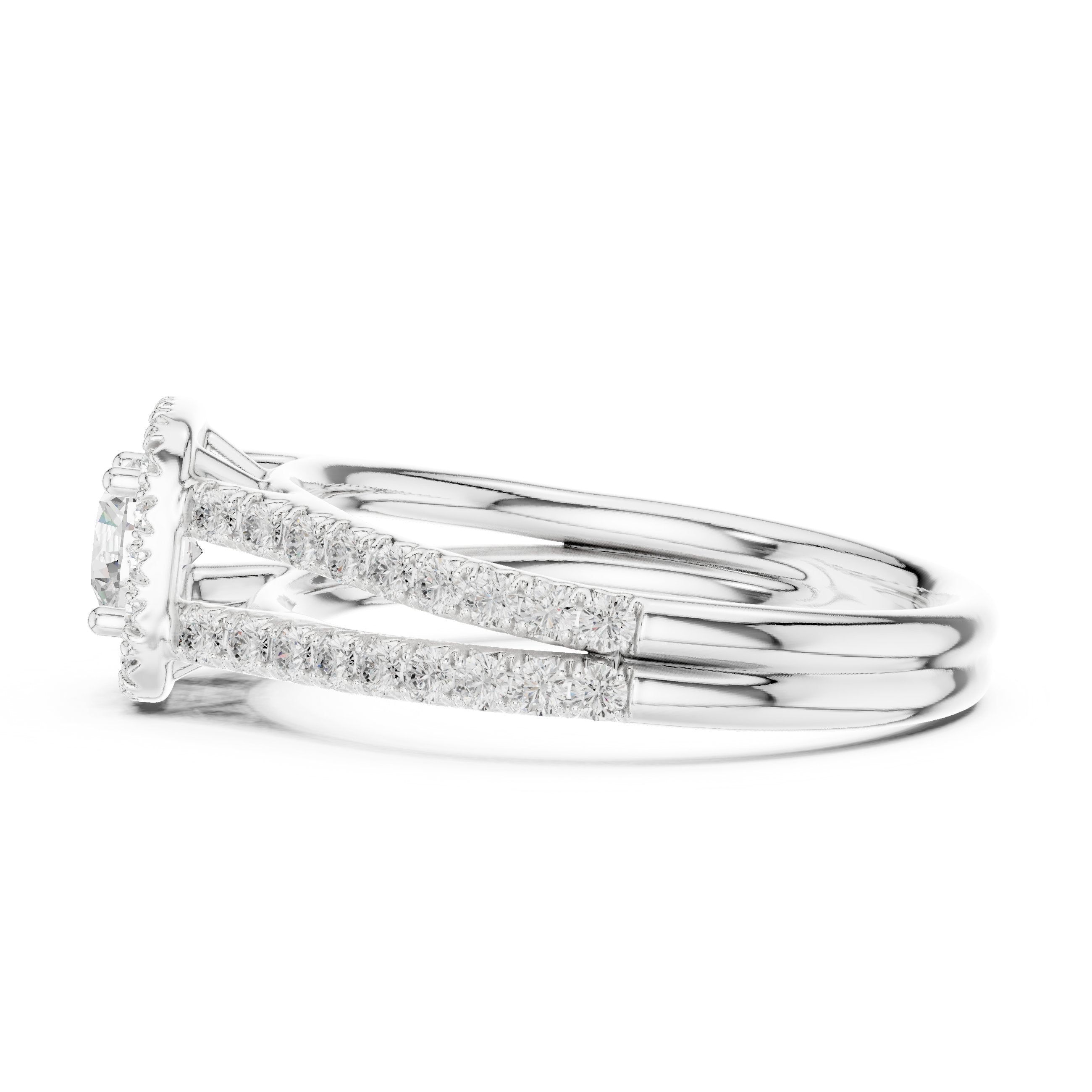 Round Diamond Cushion Halo Engagement Ring with Split Shank Pavé Band in White Gold - VYKA Diamonds