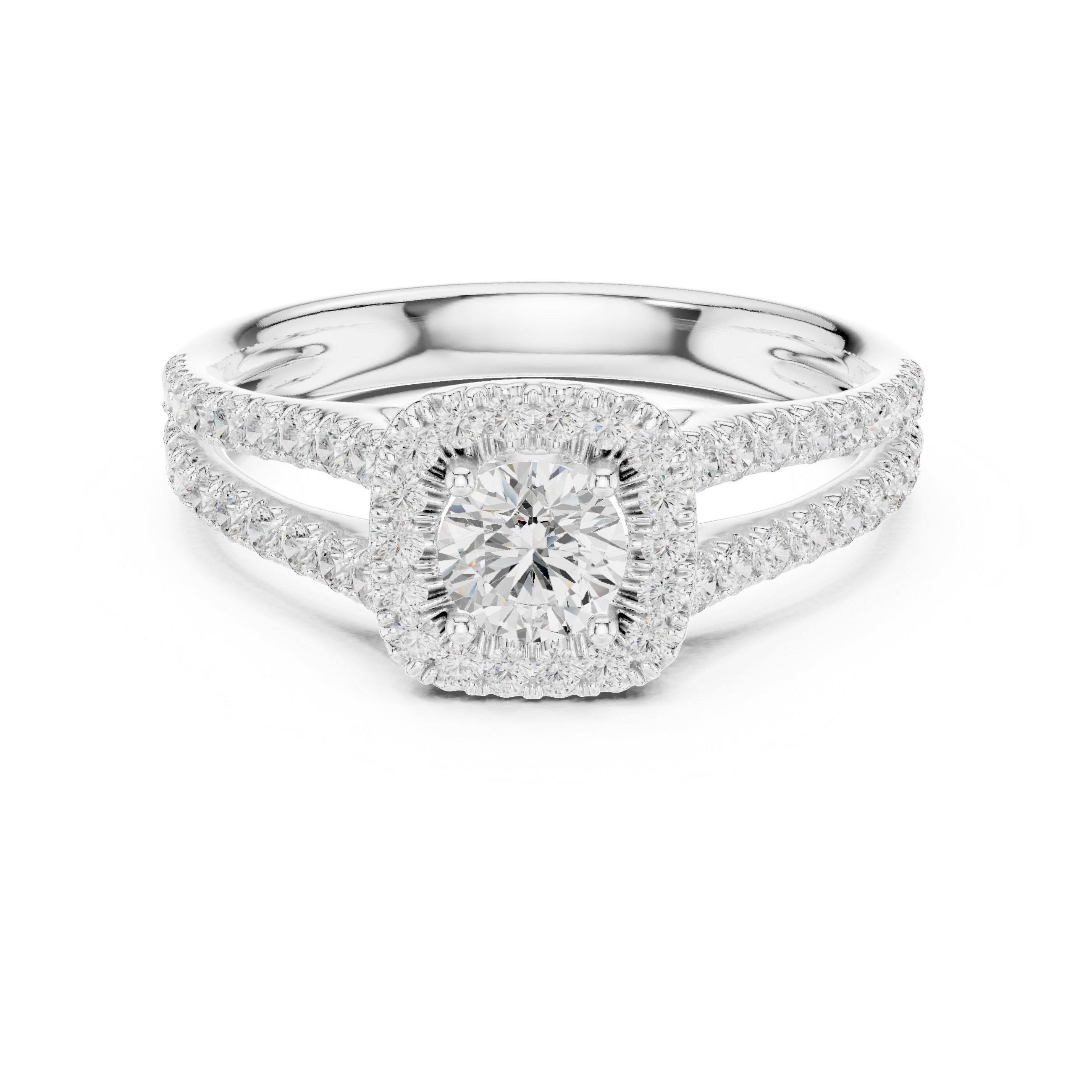 Round Diamond Cushion Halo Engagement Ring with Split Shank Pavé Band in White Gold - VYKA Diamonds