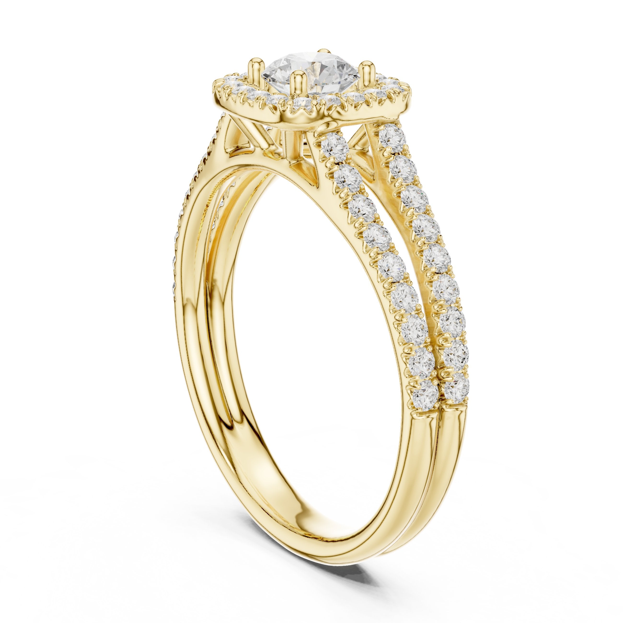Round Diamond Cushion Halo Engagement Ring with Split Shank Pavé Band in Yellow Gold - VYKA Diamonds