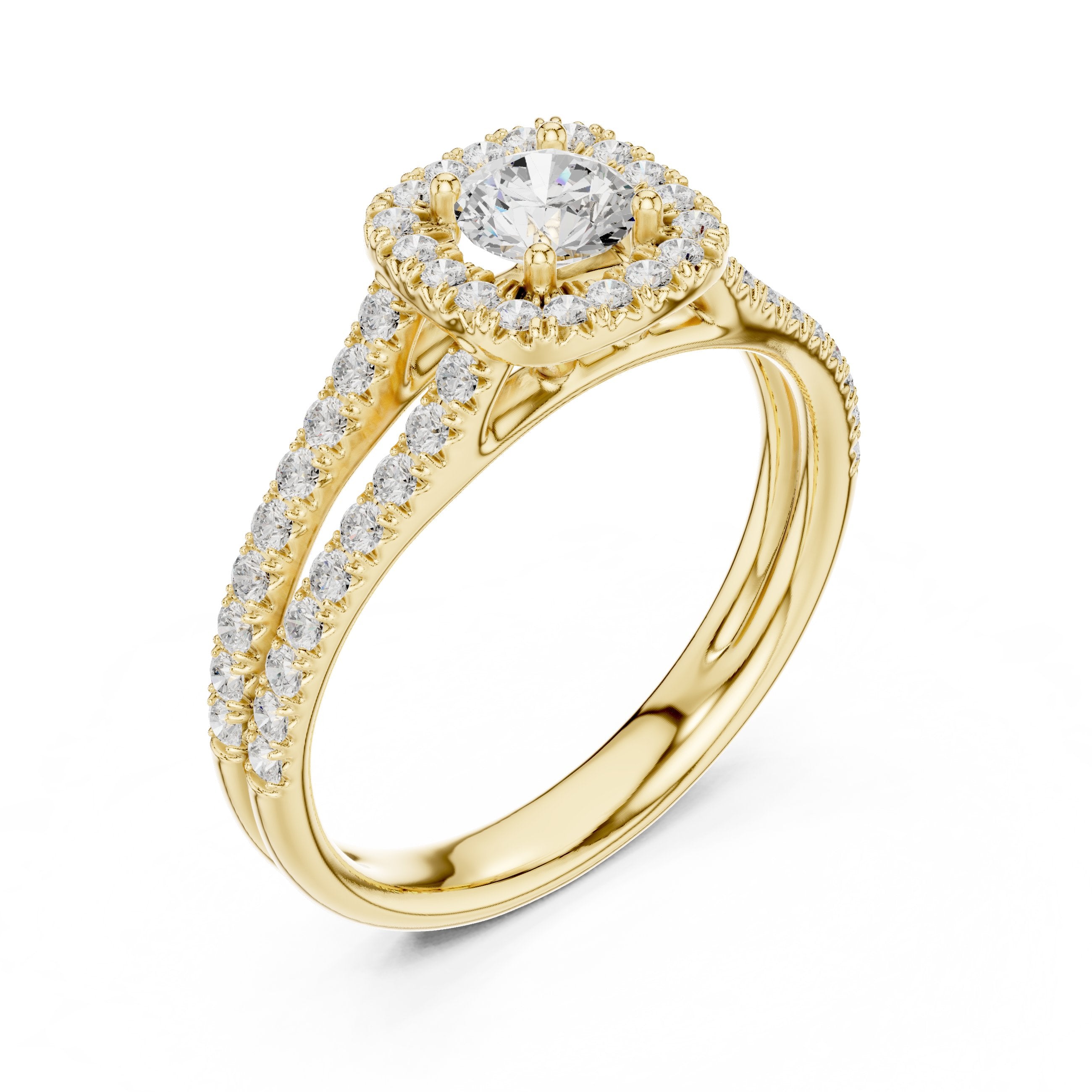Round Diamond Cushion Halo Engagement Ring with Split Shank Pavé Band in Yellow Gold - VYKA Diamonds