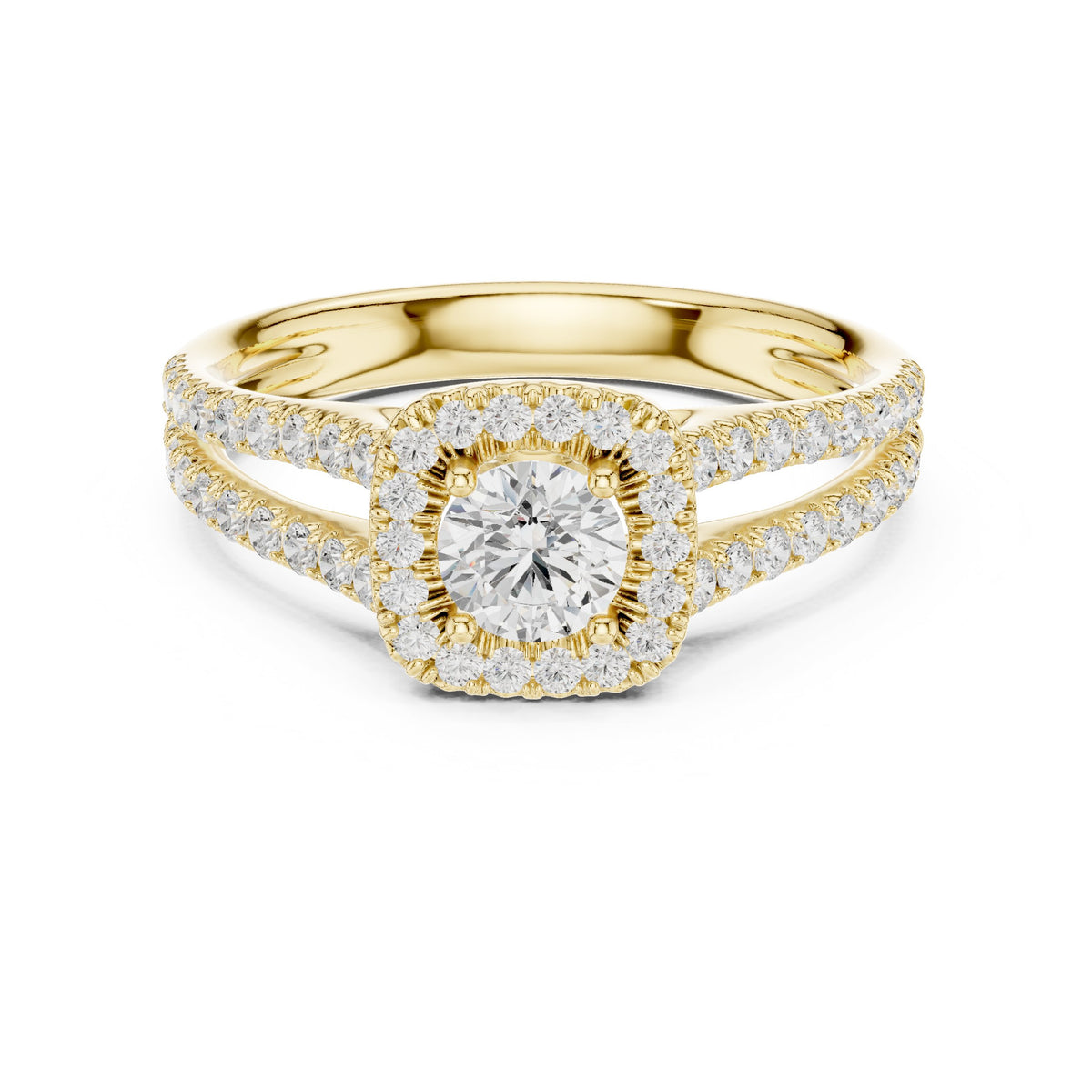 Round Diamond Cushion Halo Engagement Ring with Split Shank Pavé Band