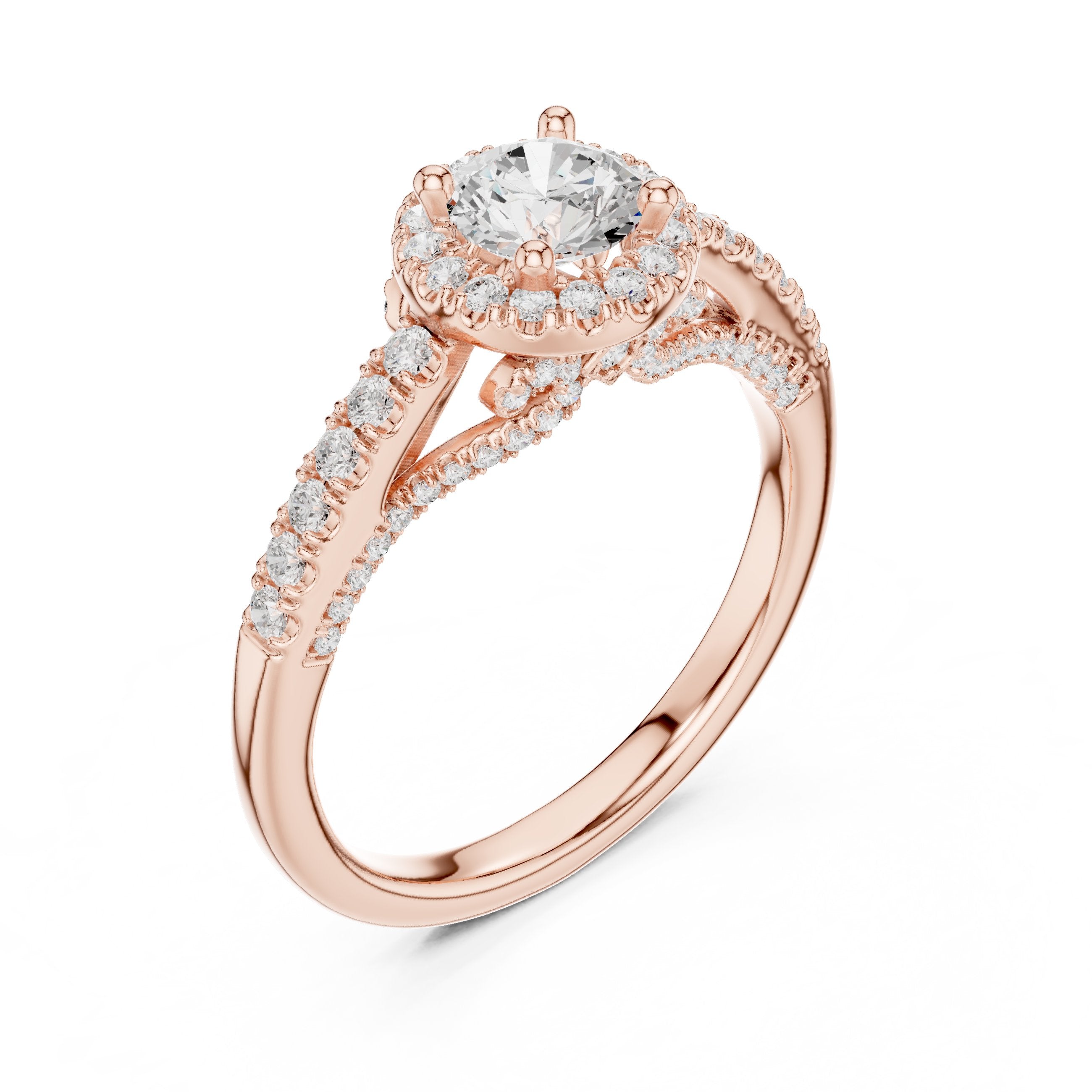 خاتم خطوبة ألماس مستدير بهالة وسوار بافيه عريض in Rose Gold - VYKA Diamonds