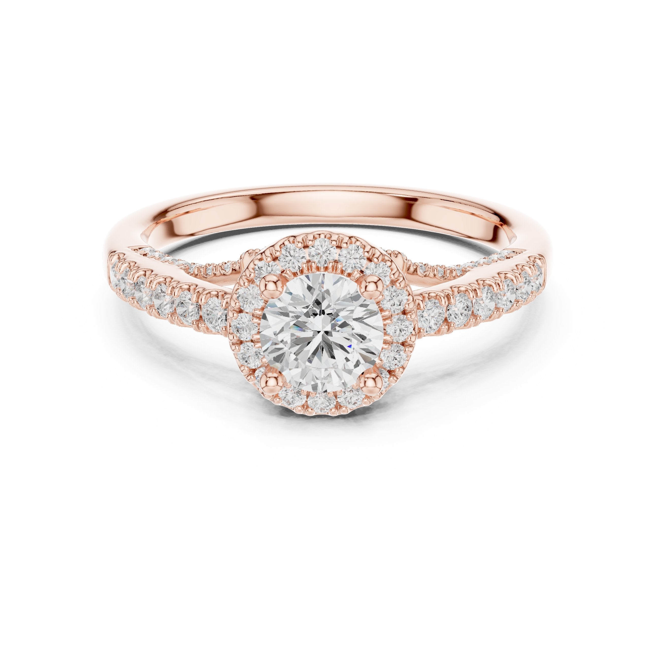 خاتم خطوبة ألماس مستدير بهالة وسوار بافيه عريض in Rose Gold - VYKA Diamonds