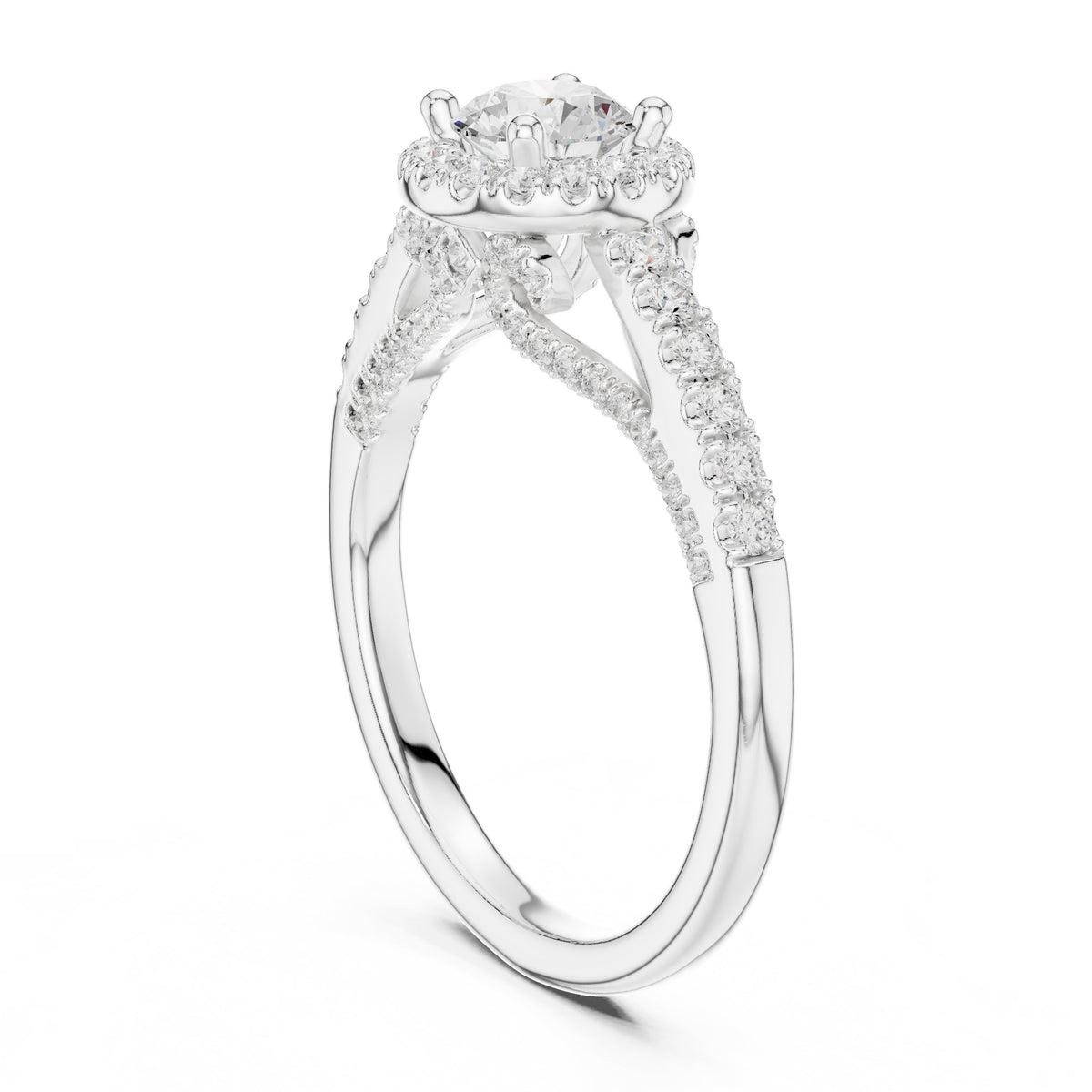 Round Diamond Halo Engagement Ring with Wide Pavé Band