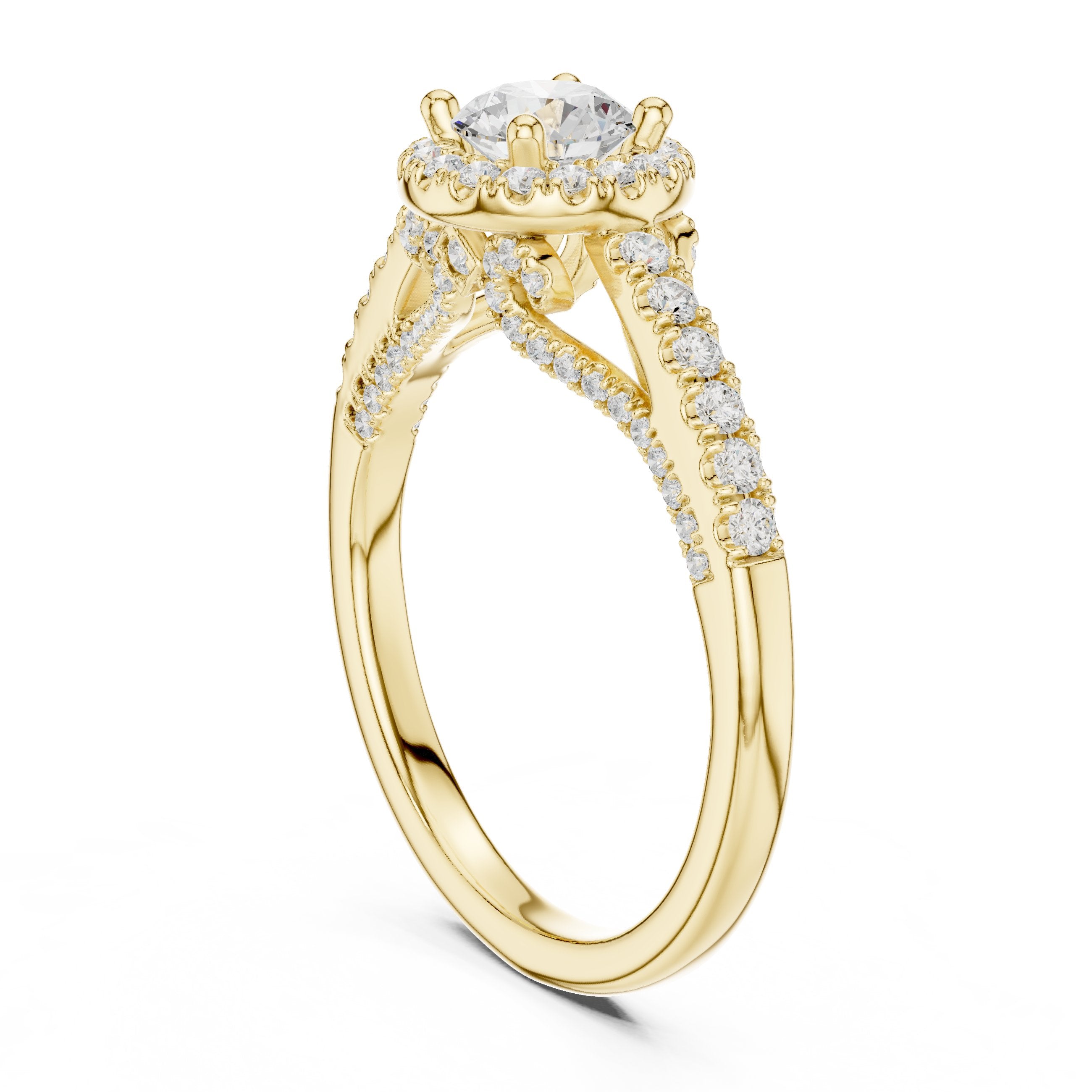 خاتم خطوبة ألماس مستدير بهالة وسوار بافيه عريض in Yellow Gold - VYKA Diamonds