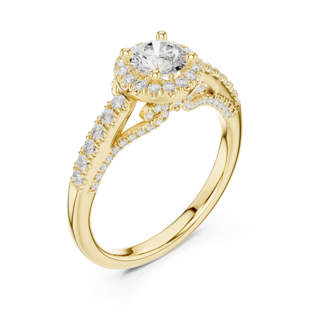 Round Diamond Halo Engagement Ring with Wide Pavé Band