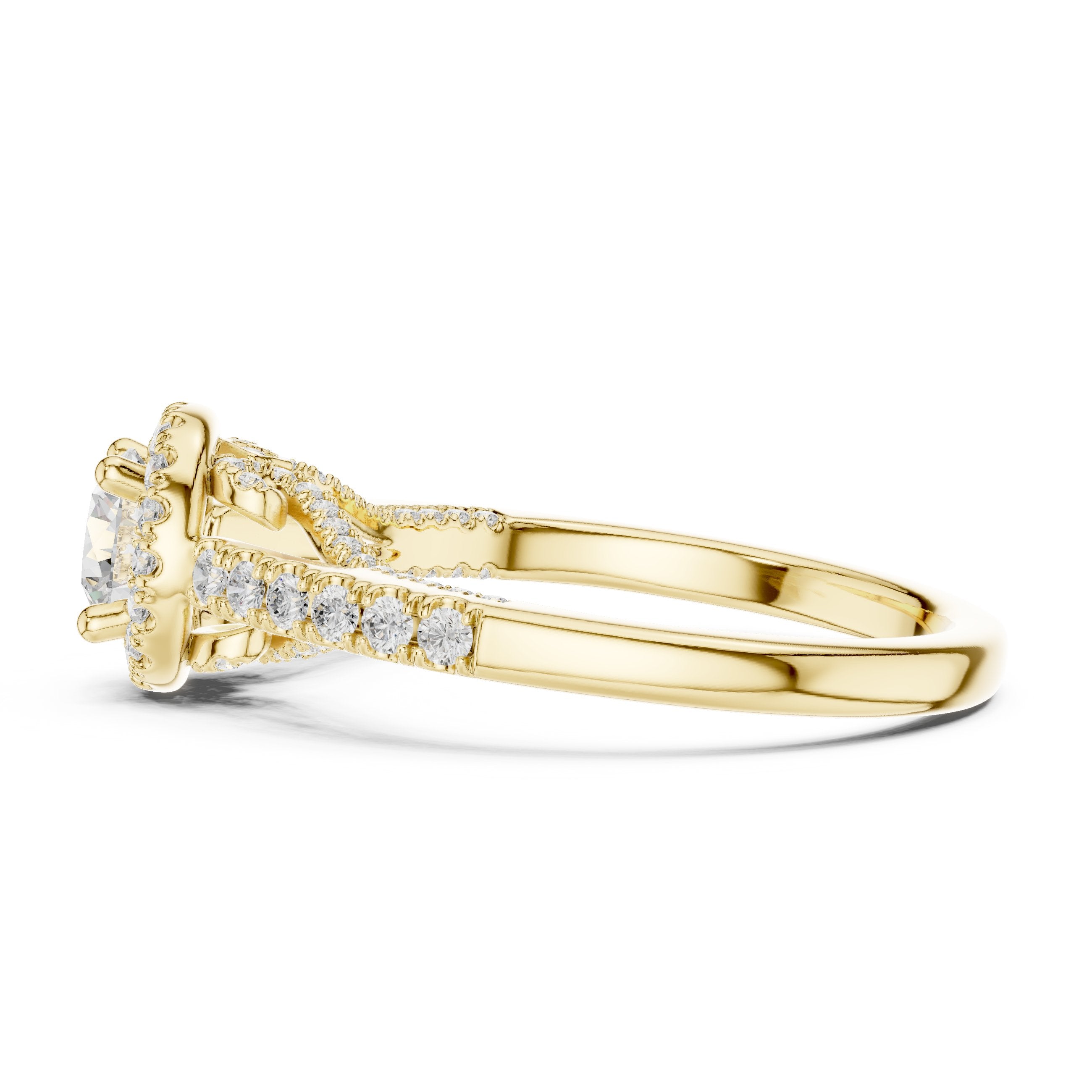 خاتم خطوبة ألماس مستدير بهالة وسوار بافيه عريض in Yellow Gold - VYKA Diamonds